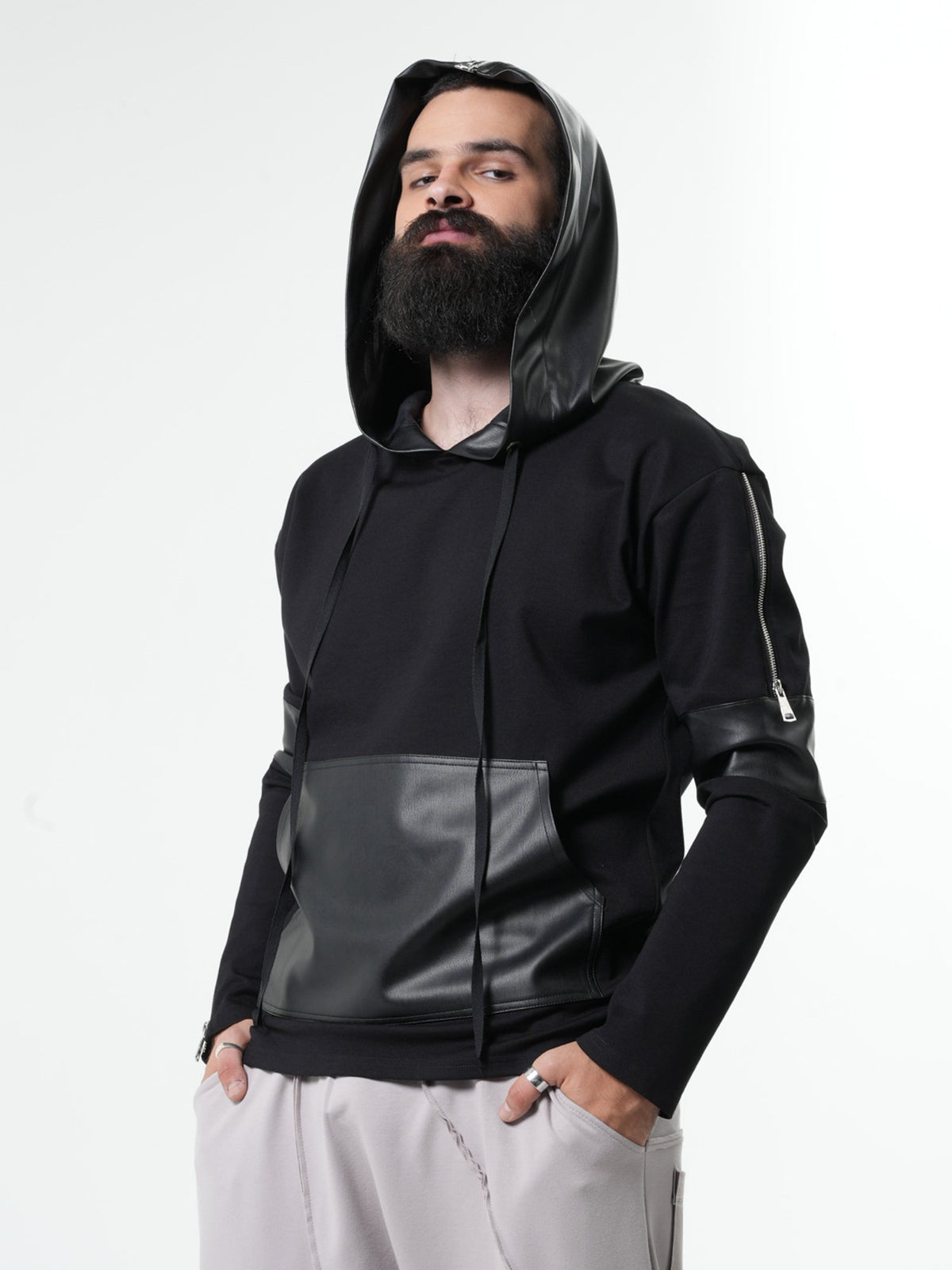 Hooded Sweatshirt with Zipper Closure and Synthetic Accent Panels