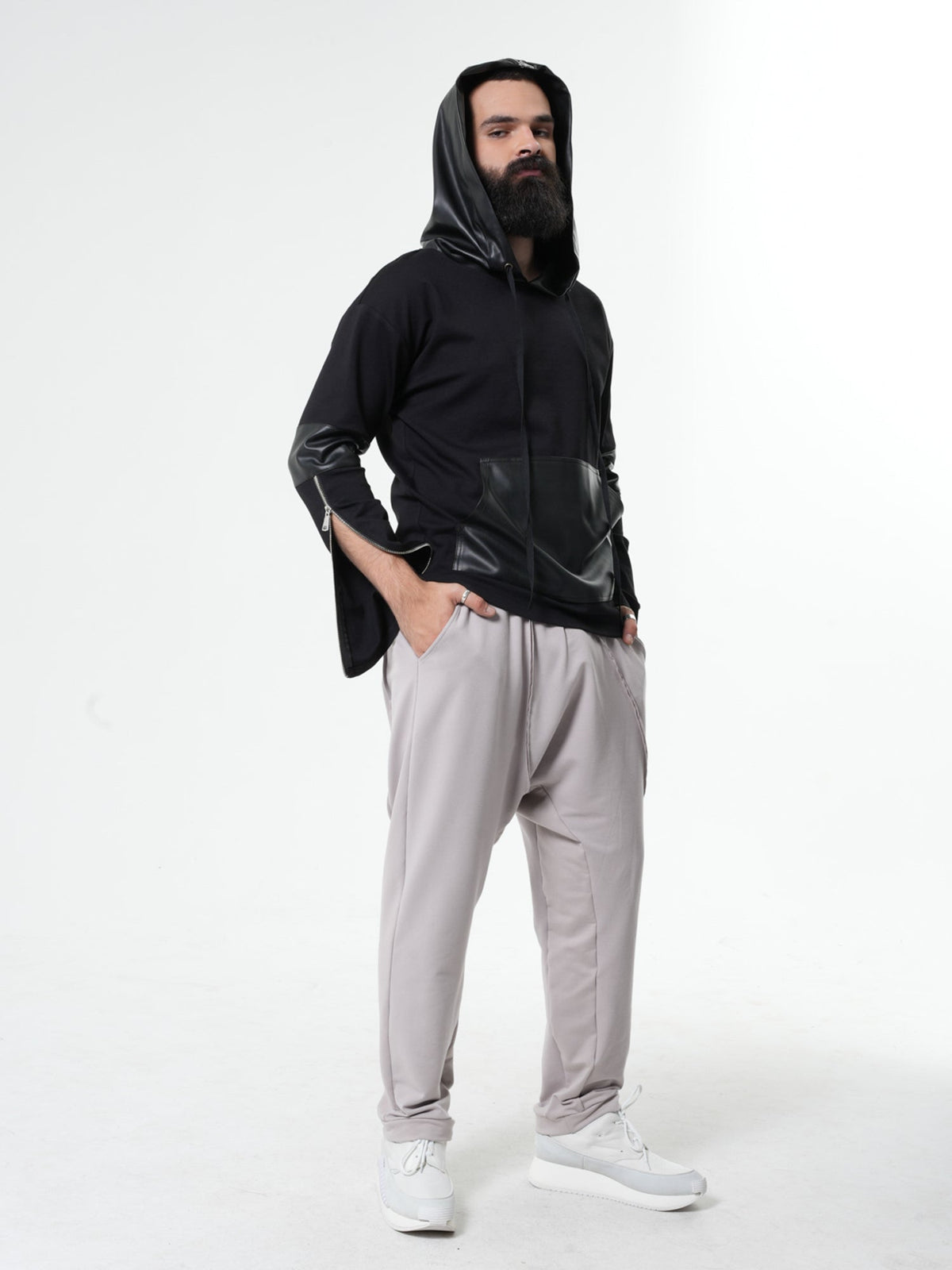 Hooded Sweatshirt with Zipper Closure and Synthetic Accent Panels