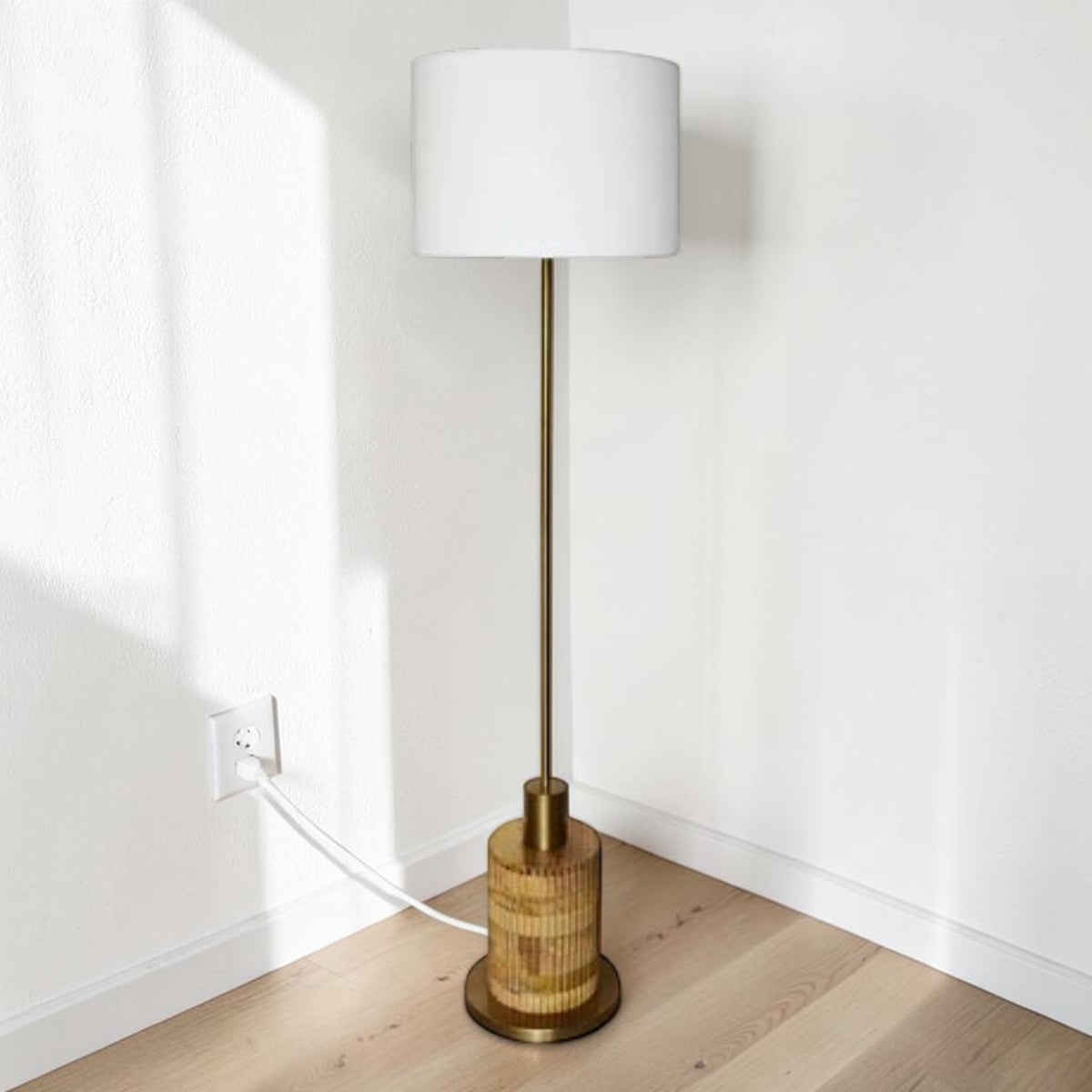 Wood Base, Floor Lamp with Brass Accents