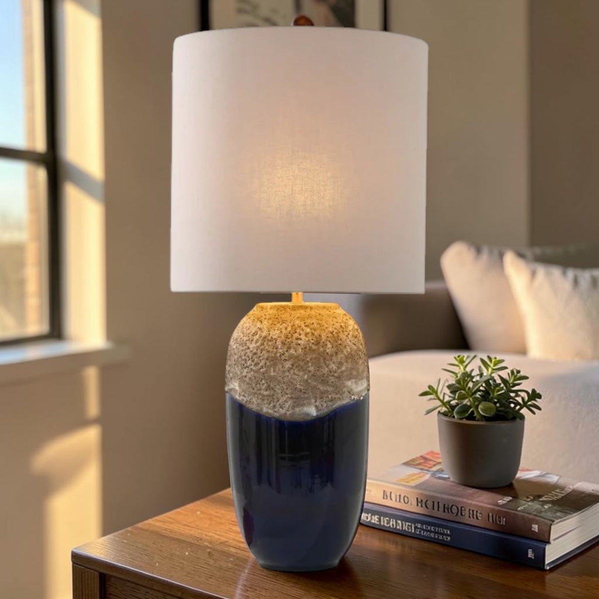 Vintage Ceramic, Table Lamp with Blue Glazed Base