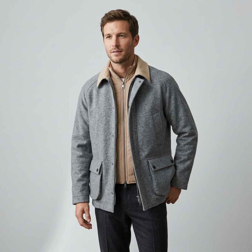 Wool Blend Winter Coat with Double Zipper and Multiple Pockets, Gray