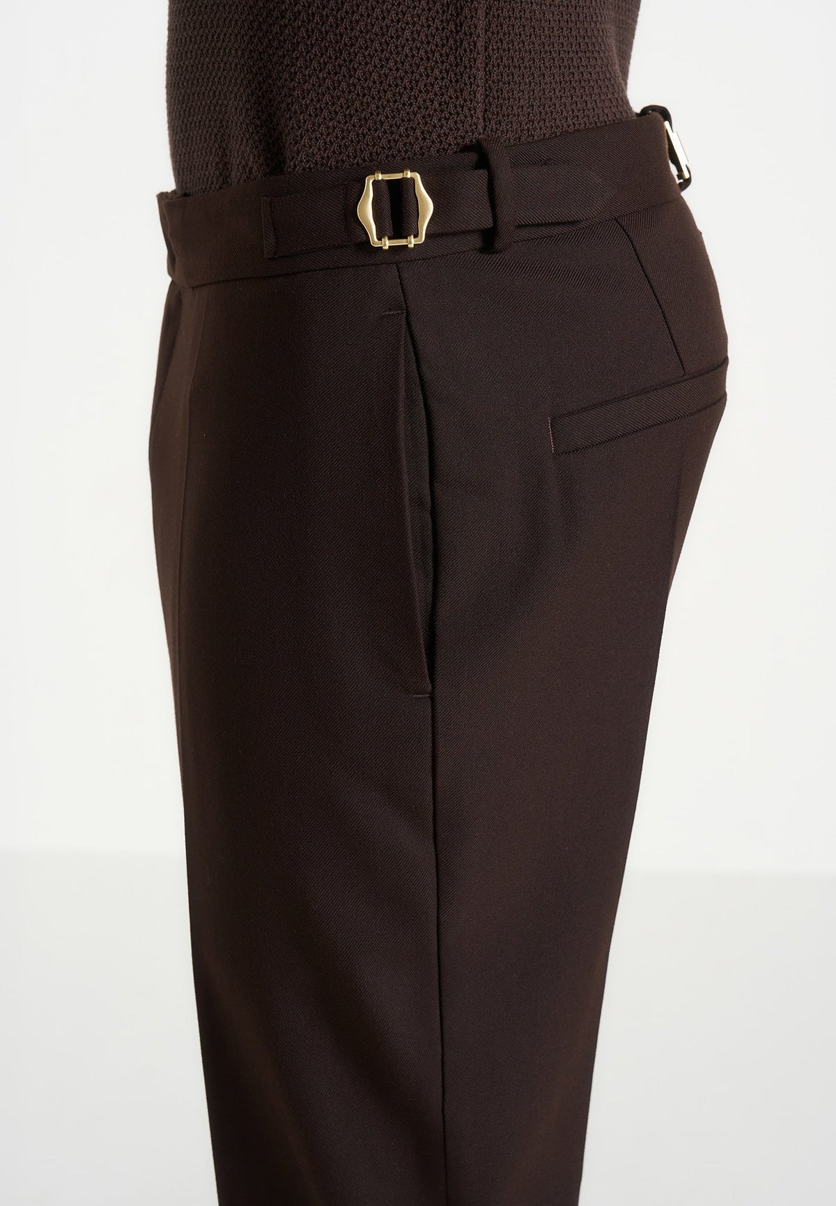 Wool-Blend Tailored Trousers with Adjustable Side Tabs and Gold-Tone Buckles, Brown