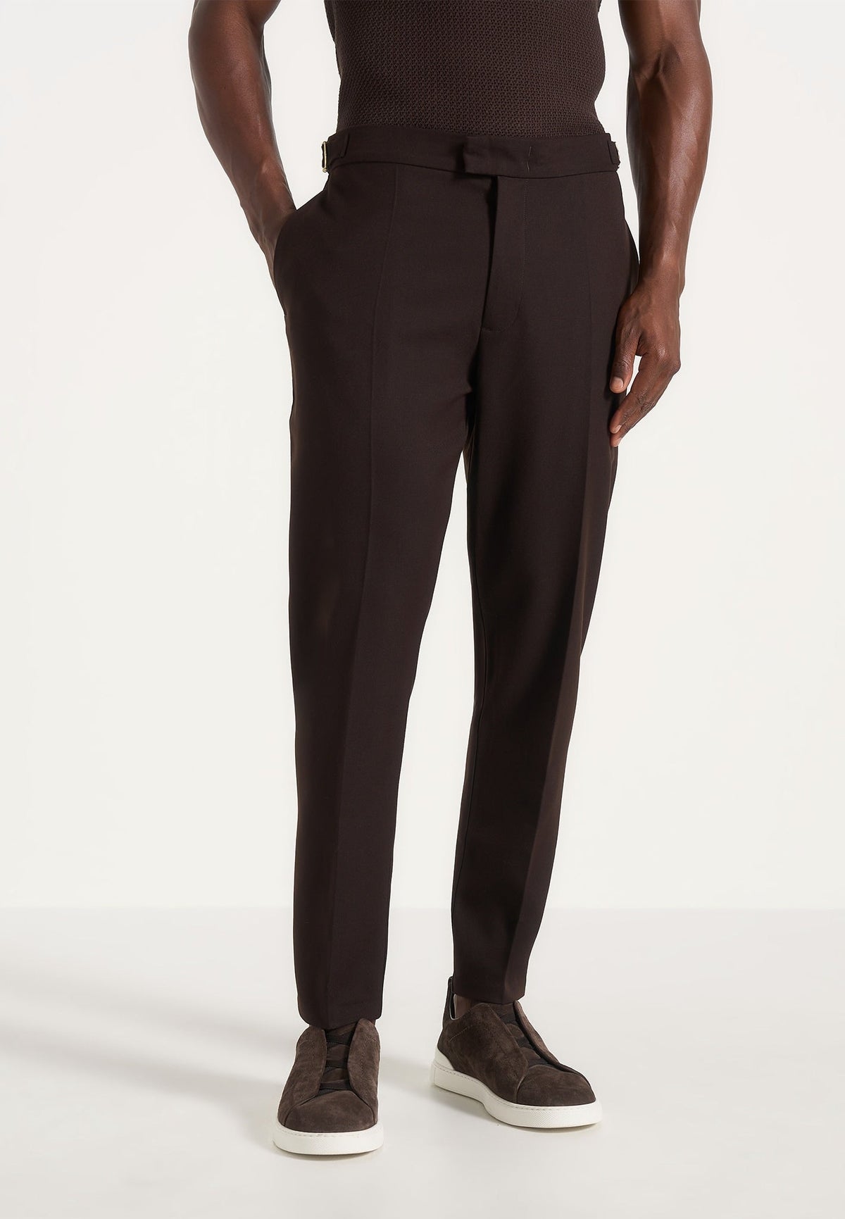 Wool-Blend Tailored Trousers with Adjustable Side Tabs and Gold-Tone Buckles, Brown