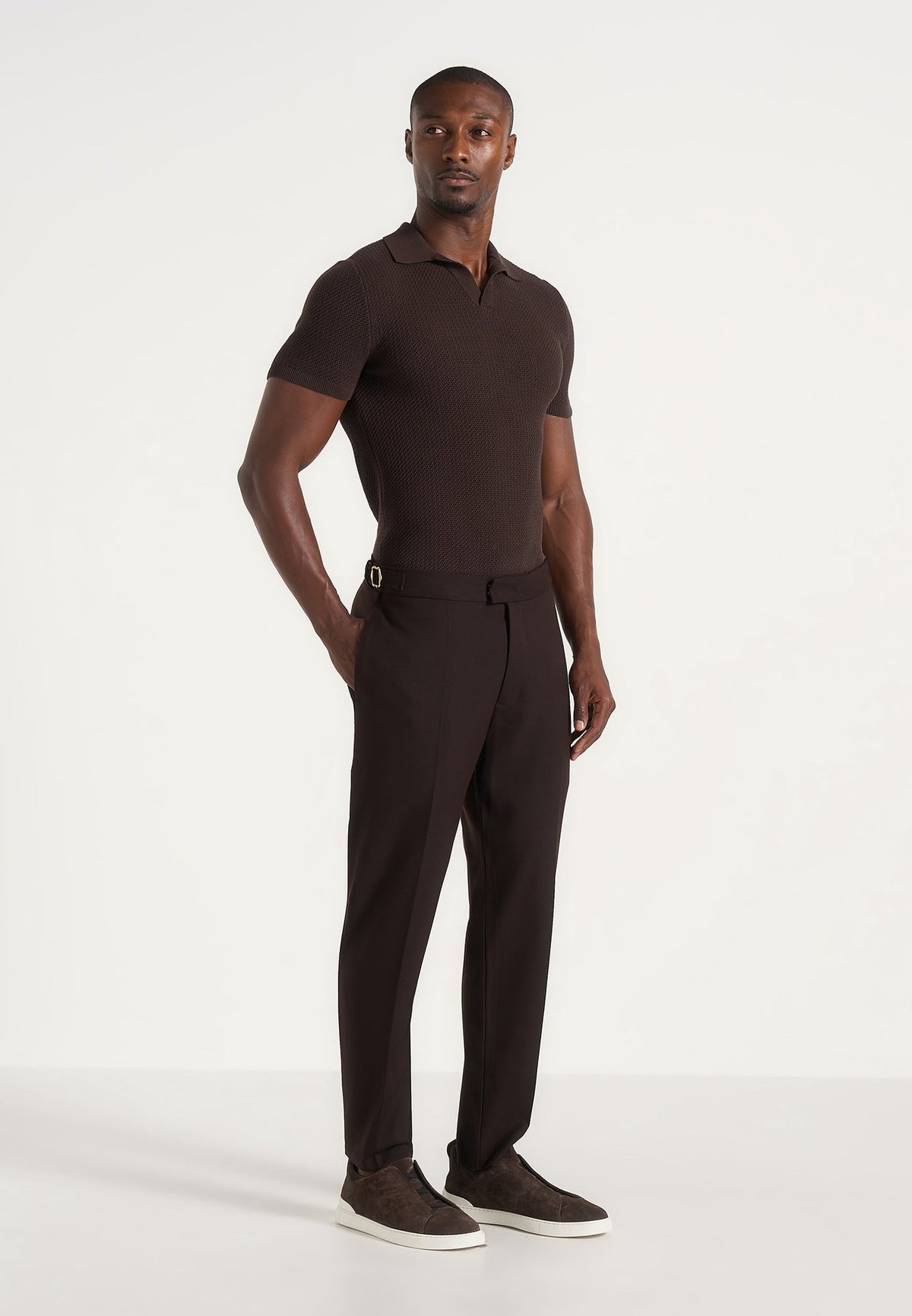 Wool-Blend Tailored Trousers with Adjustable Side Tabs and Gold-Tone Buckles, Brown