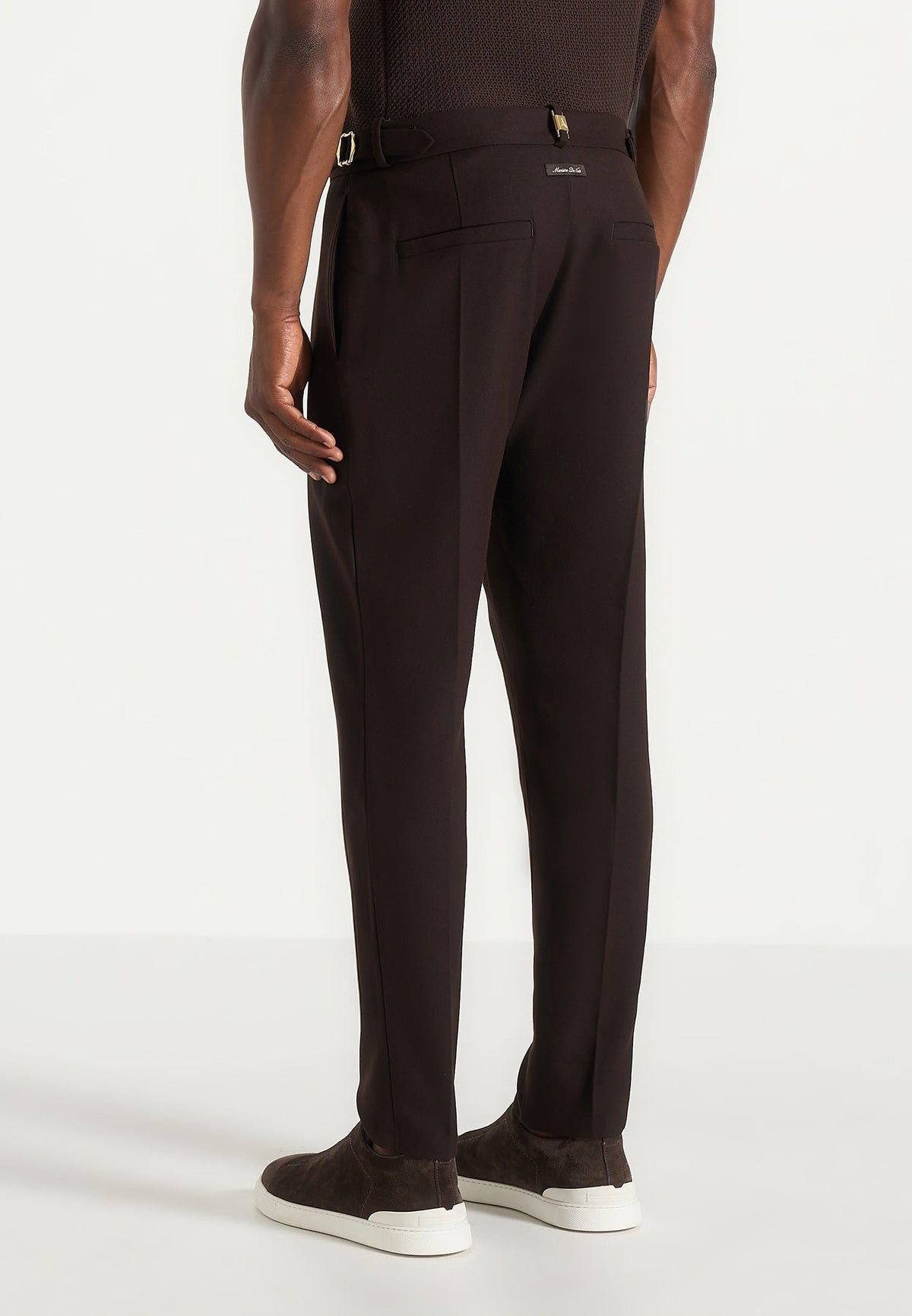 Wool-Blend Tailored Trousers with Adjustable Side Tabs and Gold-Tone Buckles, Brown