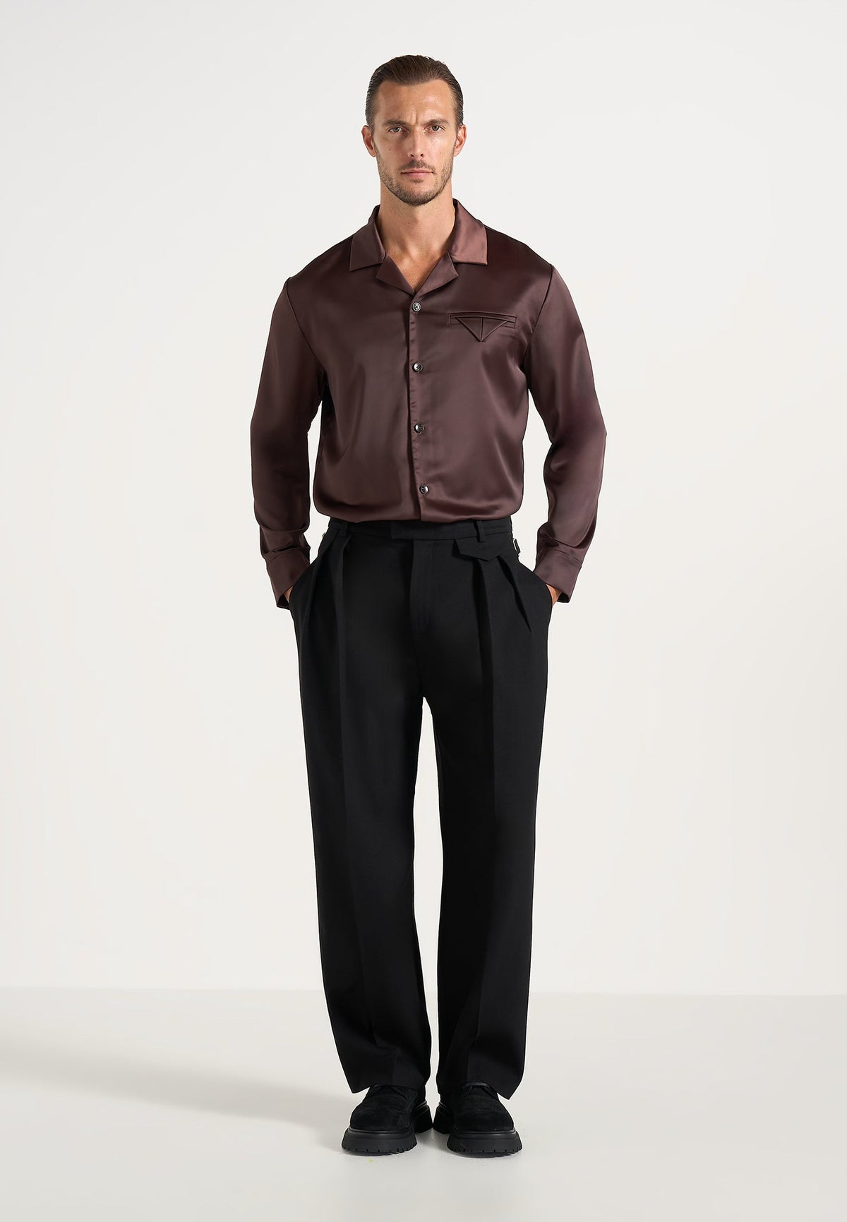Brown Satin Overshirt with Revere Collar and Jetted Chest Pocket