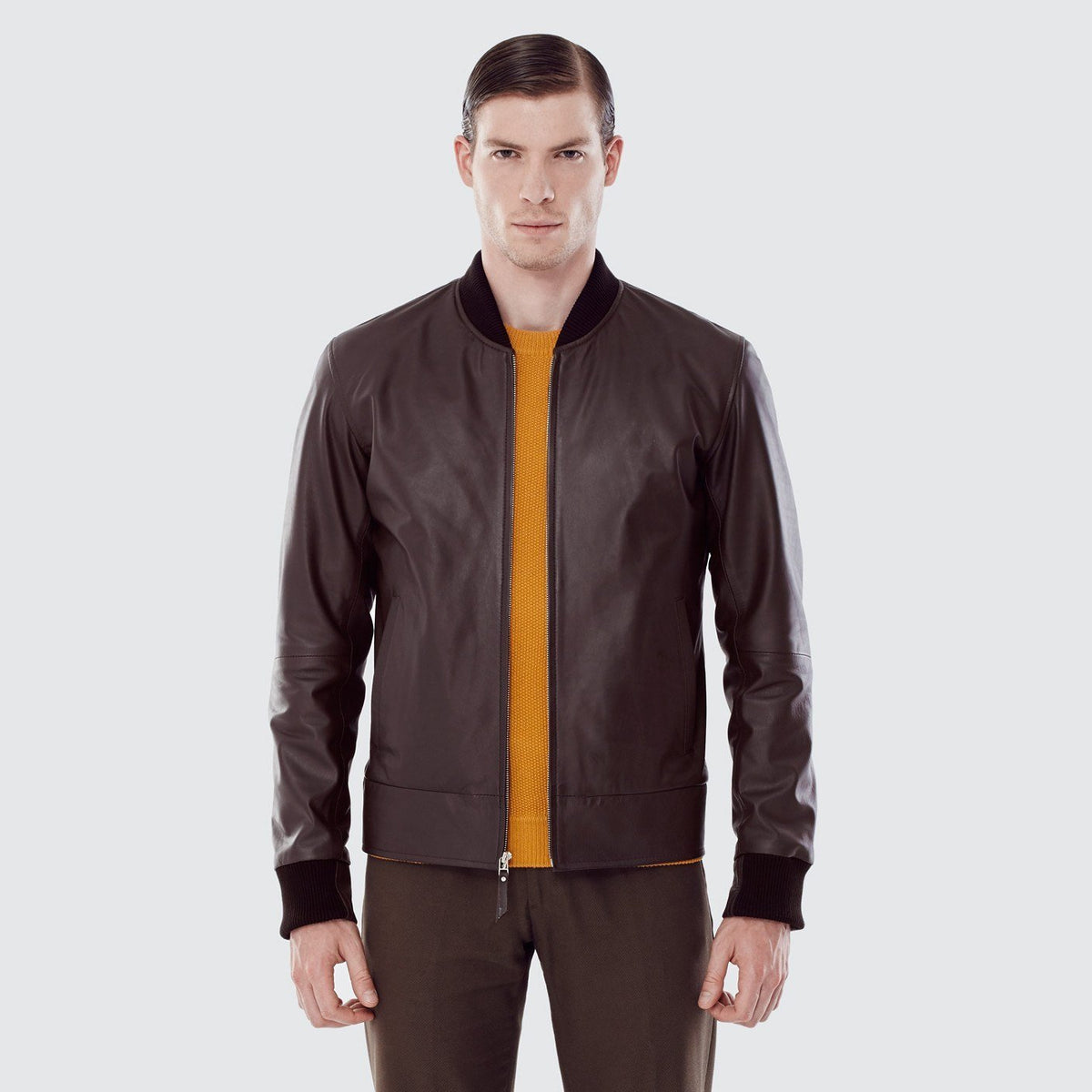 Men's Calf Leather Bomber Jacket with Wool Rib Trim and Cotton Blend Lining