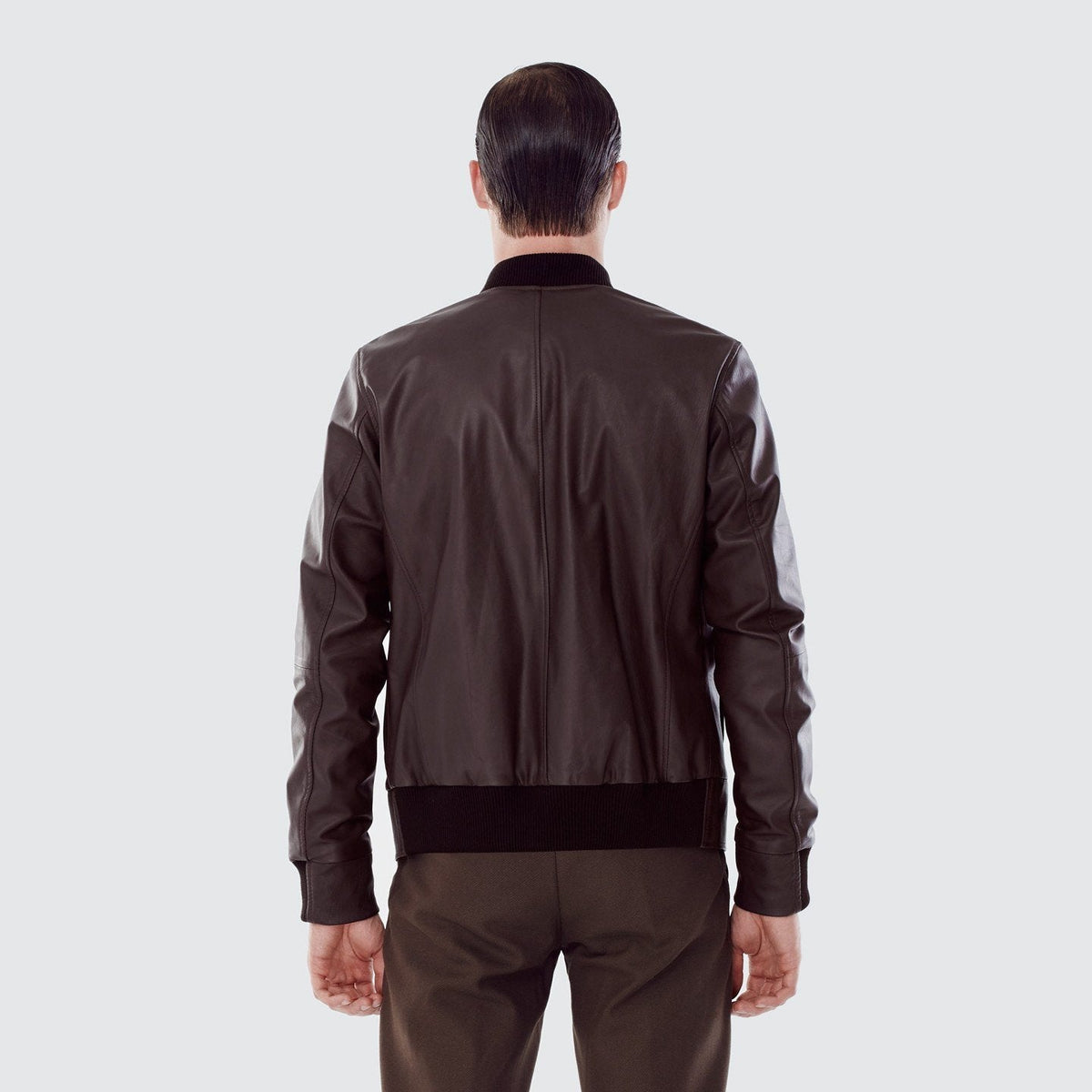 Men's Calf Leather Bomber Jacket with Wool Rib Trim and Cotton Blend Lining