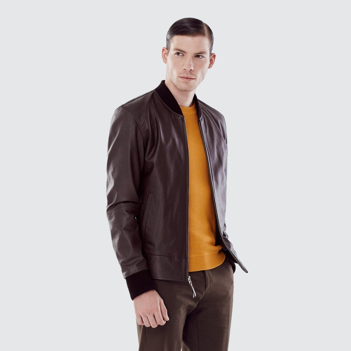 Men's Calf Leather Bomber Jacket with Wool Rib Trim and Cotton Blend Lining
