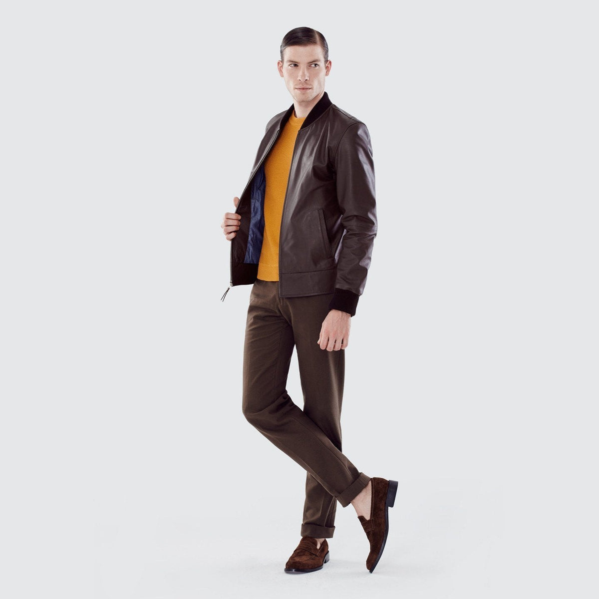 Men's Calf Leather Bomber Jacket with Wool Rib Trim and Cotton Blend Lining