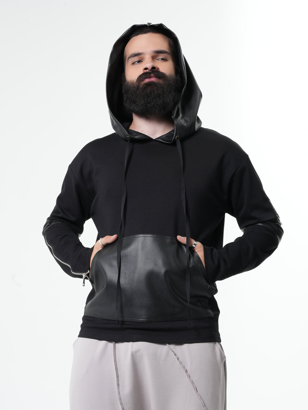 Hooded Sweatshirt with Zipper Closure and Synthetic Accent Panels