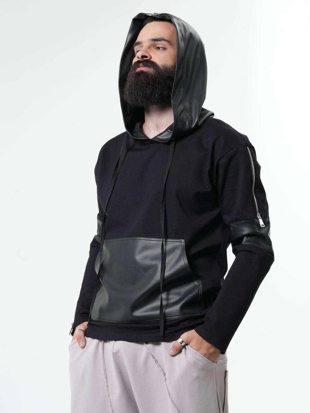 Hooded Sweatshirt with Zipper Closure and Synthetic Accent Panels