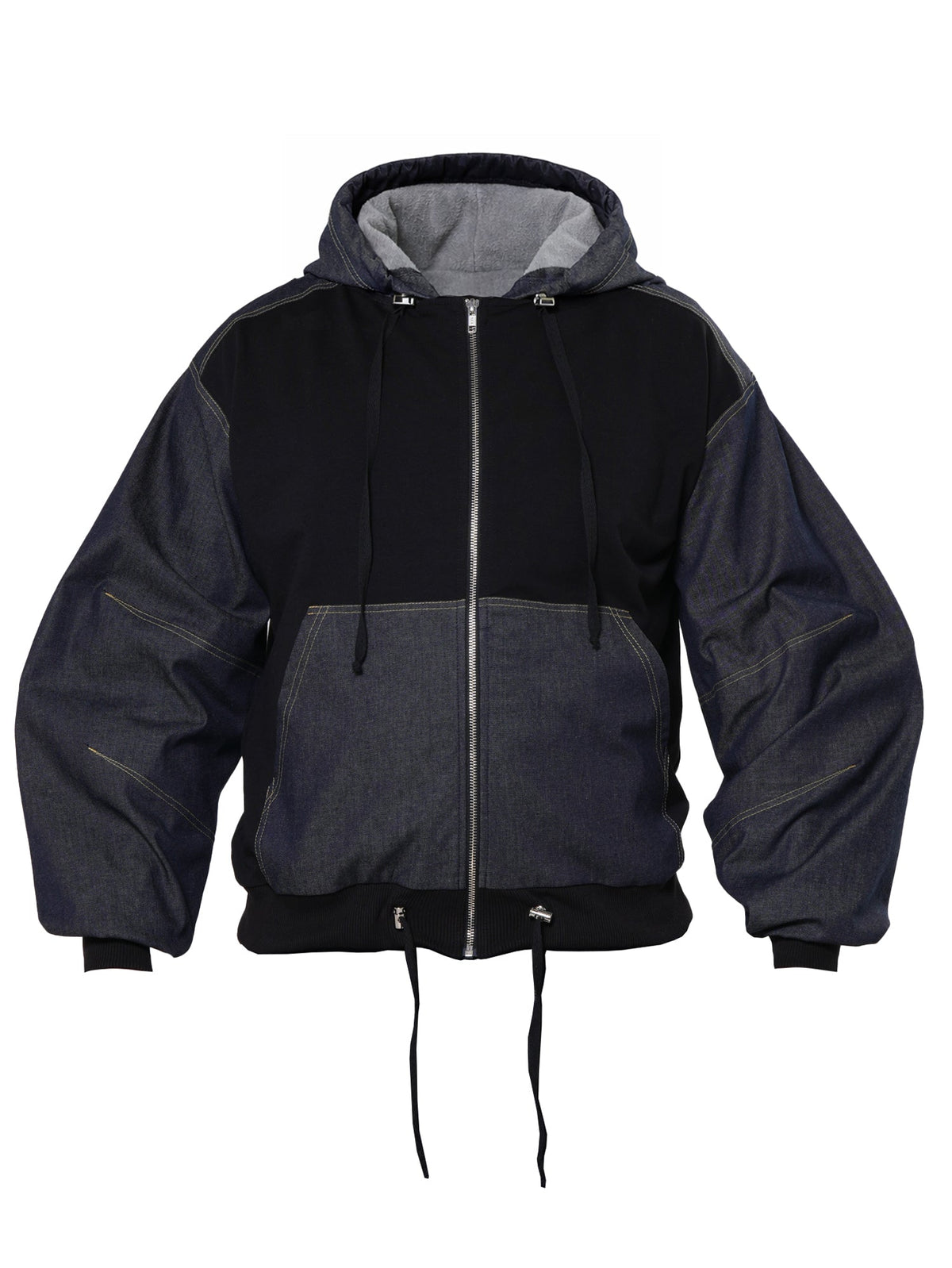Men's Zip Jacket with Denim Shoulder Panels and Attached Hood