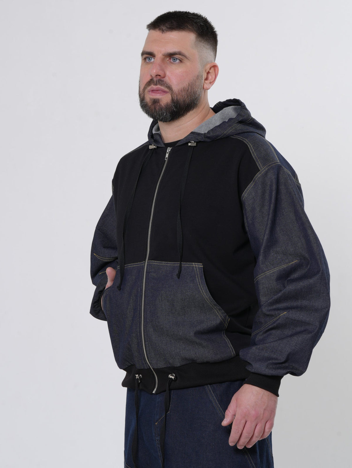 Men's Zip Jacket with Denim Shoulder Panels and Attached Hood
