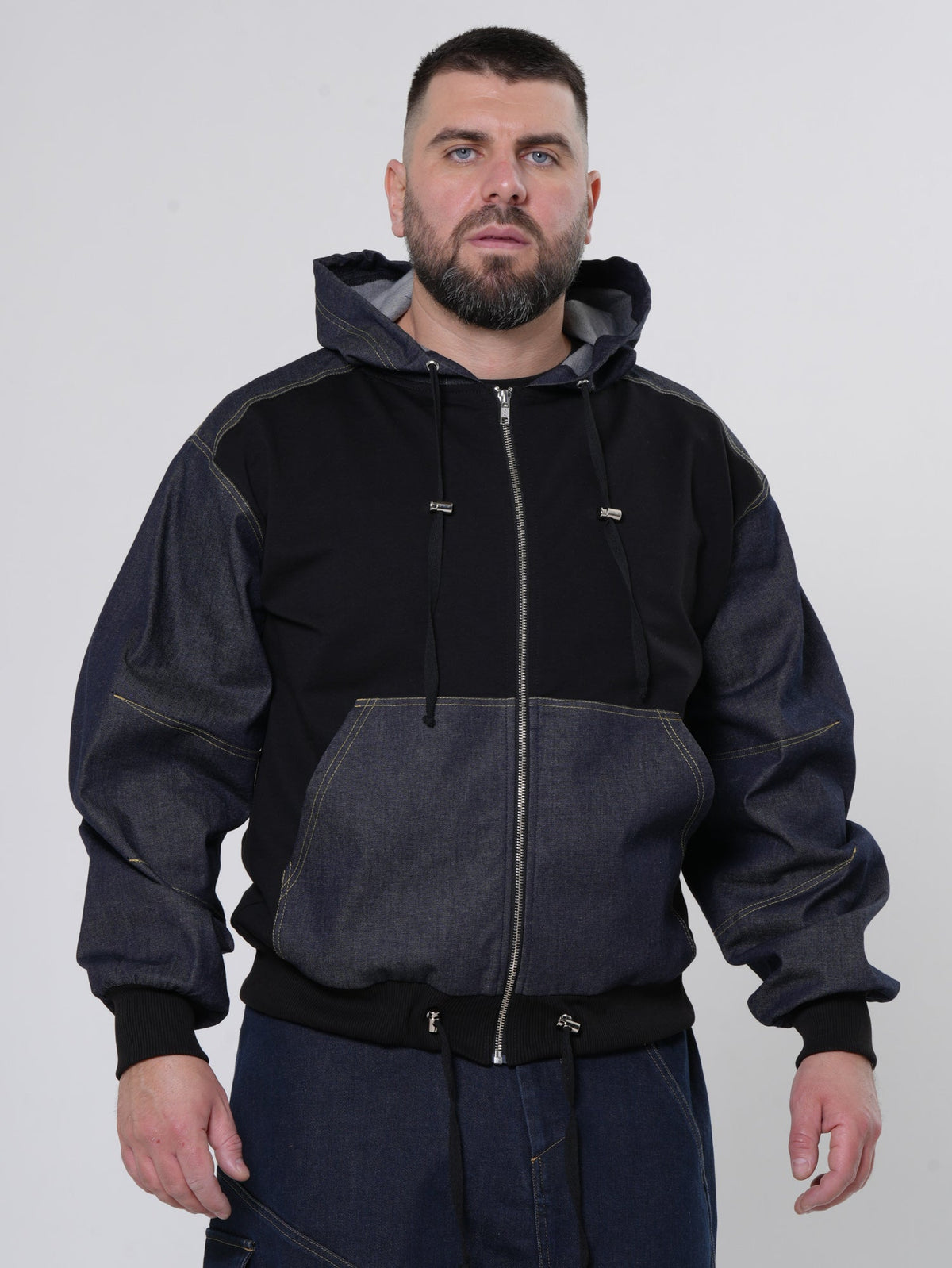Men's Zip Jacket with Denim Shoulder Panels and Attached Hood