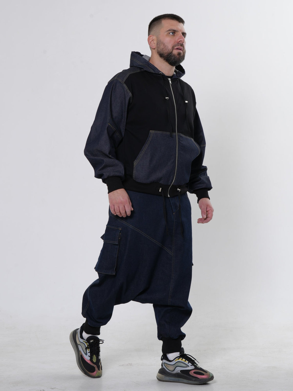 Men's Zip Jacket with Denim Shoulder Panels and Attached Hood
