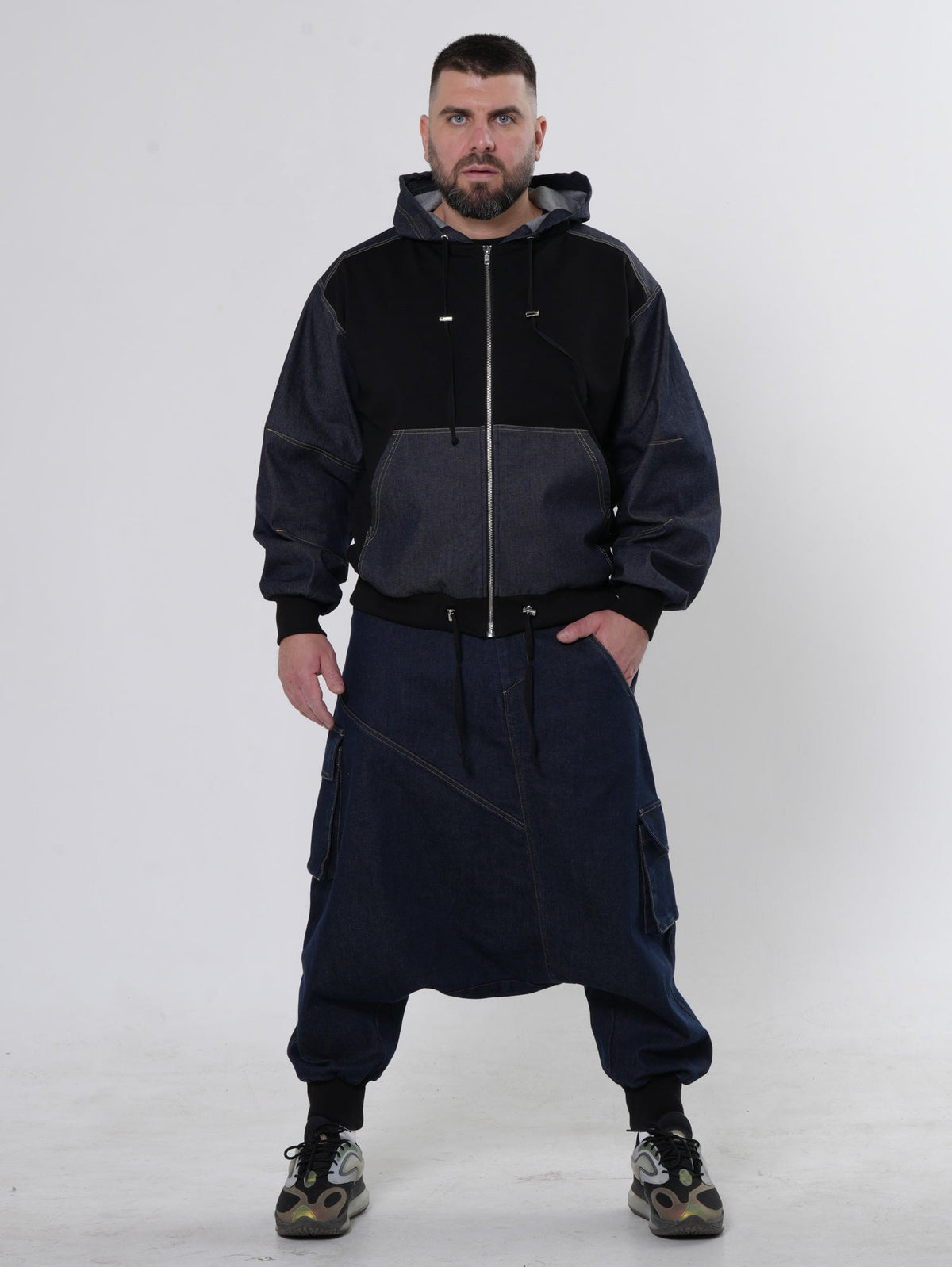 Men's Zip Jacket with Denim Shoulder Panels and Attached Hood