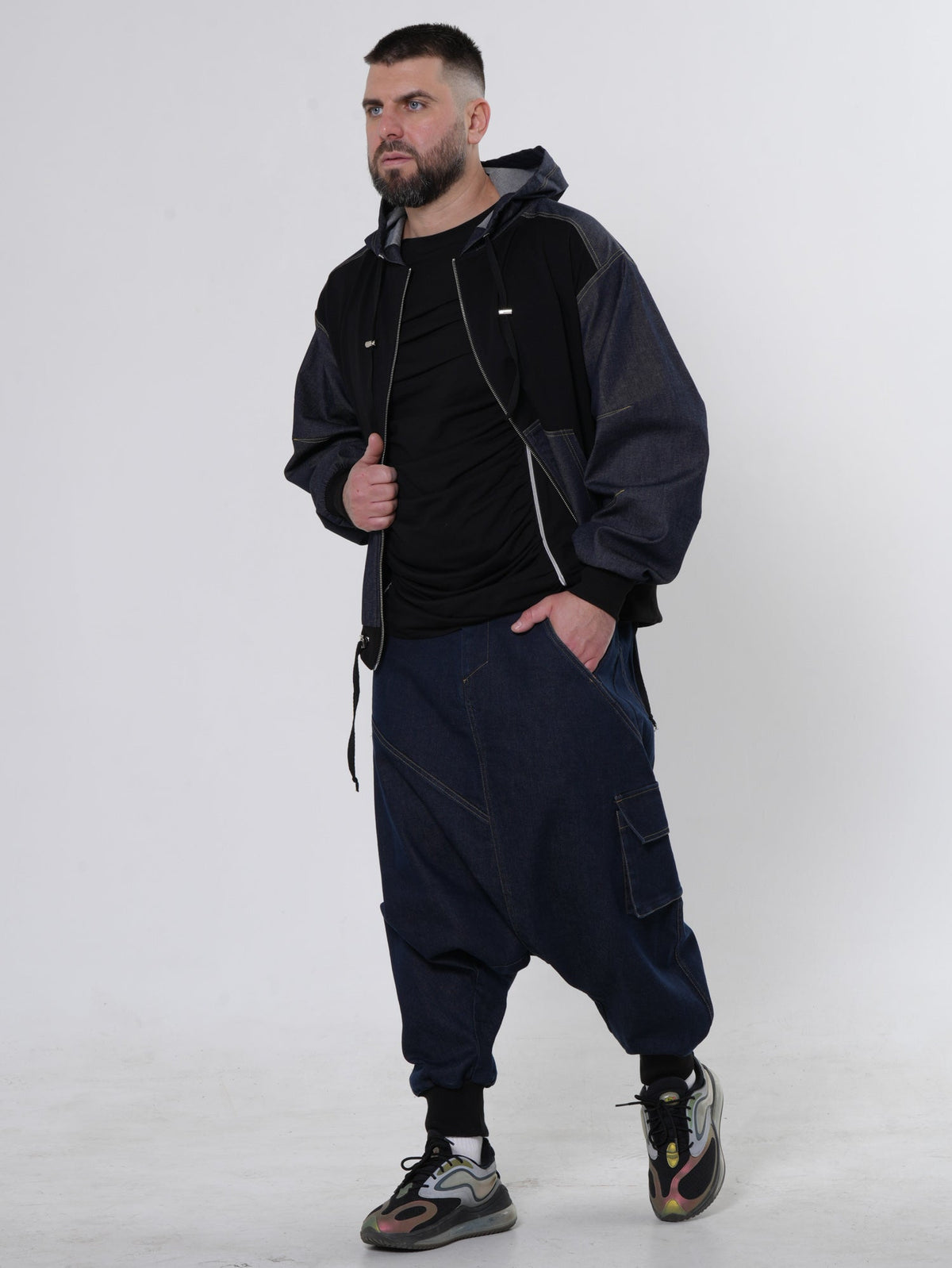 Men's Zip Jacket with Denim Shoulder Panels and Attached Hood