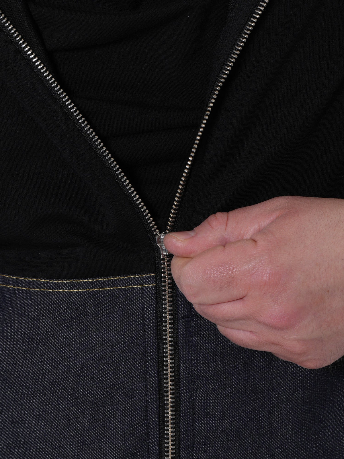 Men's Zip Jacket with Denim Shoulder Panels and Attached Hood