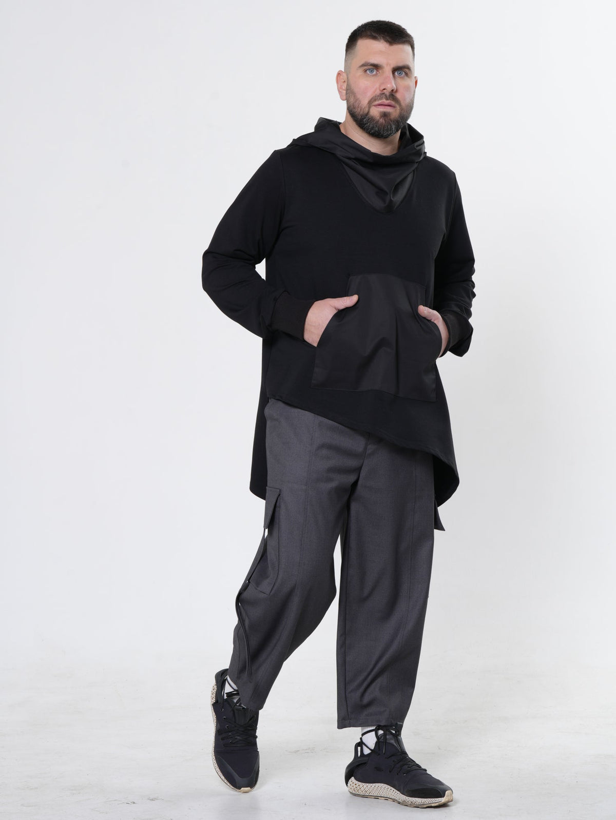 Asymmetric French Terry Hoodie with Kangaroo Pocket and Ribbed Cuffs