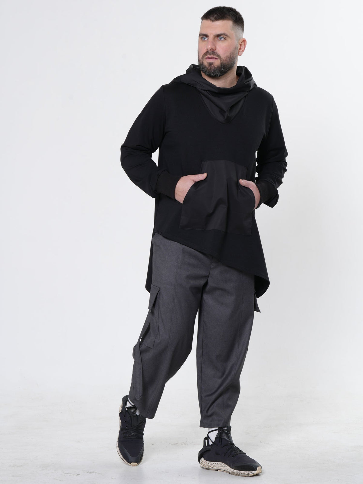 Asymmetric French Terry Hoodie with Kangaroo Pocket and Ribbed Cuffs