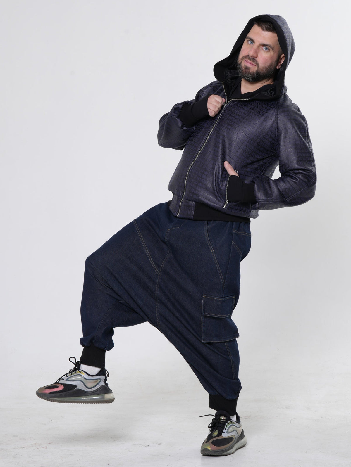 Hooded Bomber Jacket with Crocodile Embossed Texture and Ribbed Cuffs, Blue