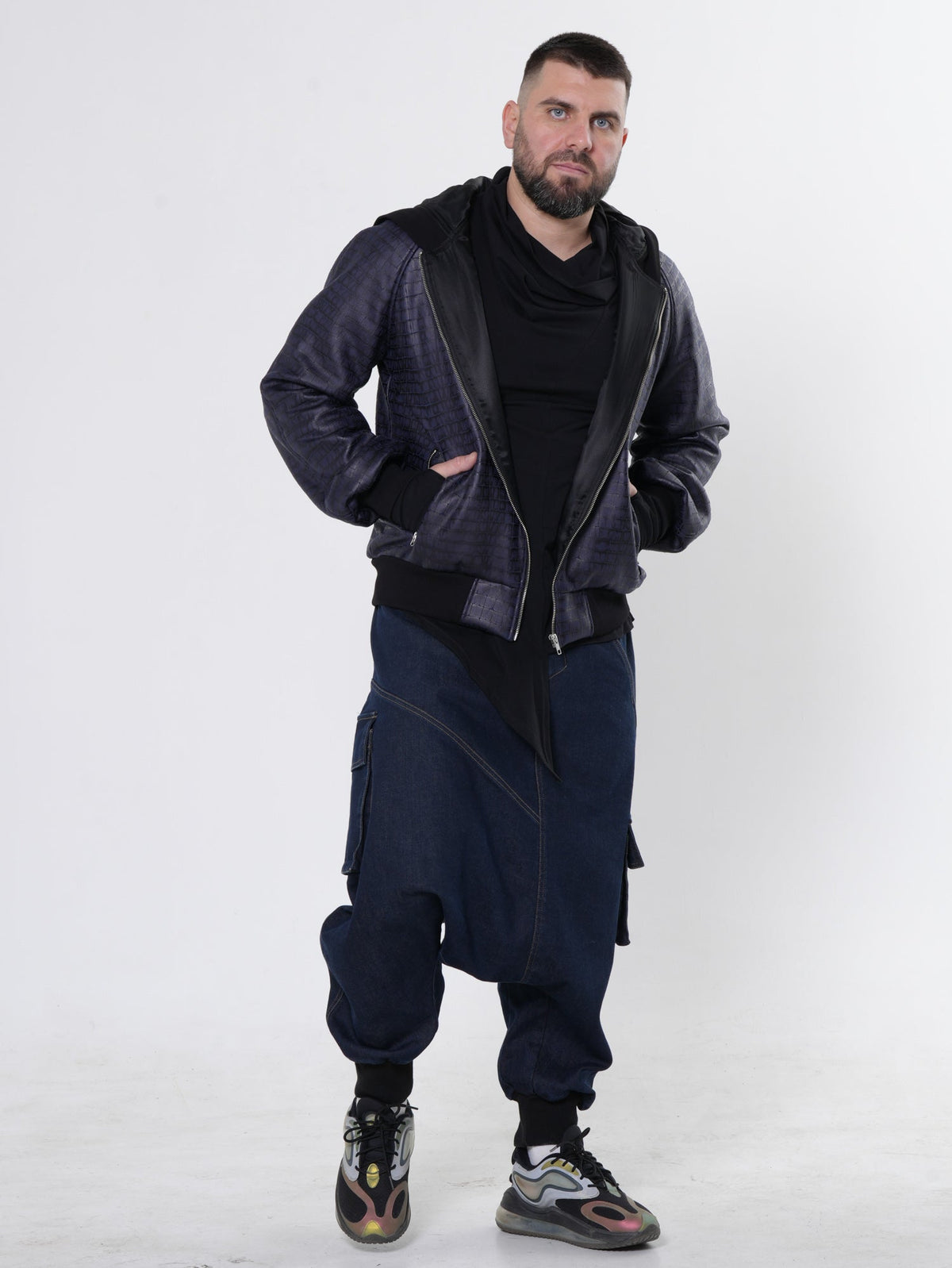 Hooded Bomber Jacket with Crocodile Embossed Texture and Ribbed Cuffs, Blue