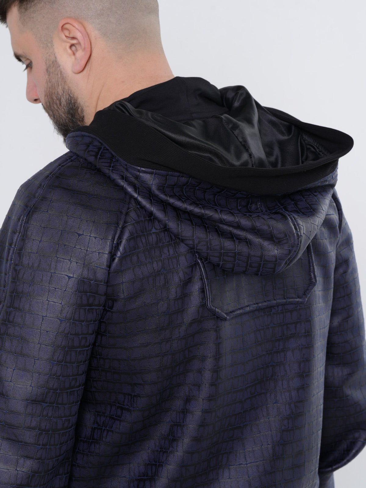 Hooded Bomber Jacket with Crocodile Embossed Texture and Ribbed Cuffs, Blue