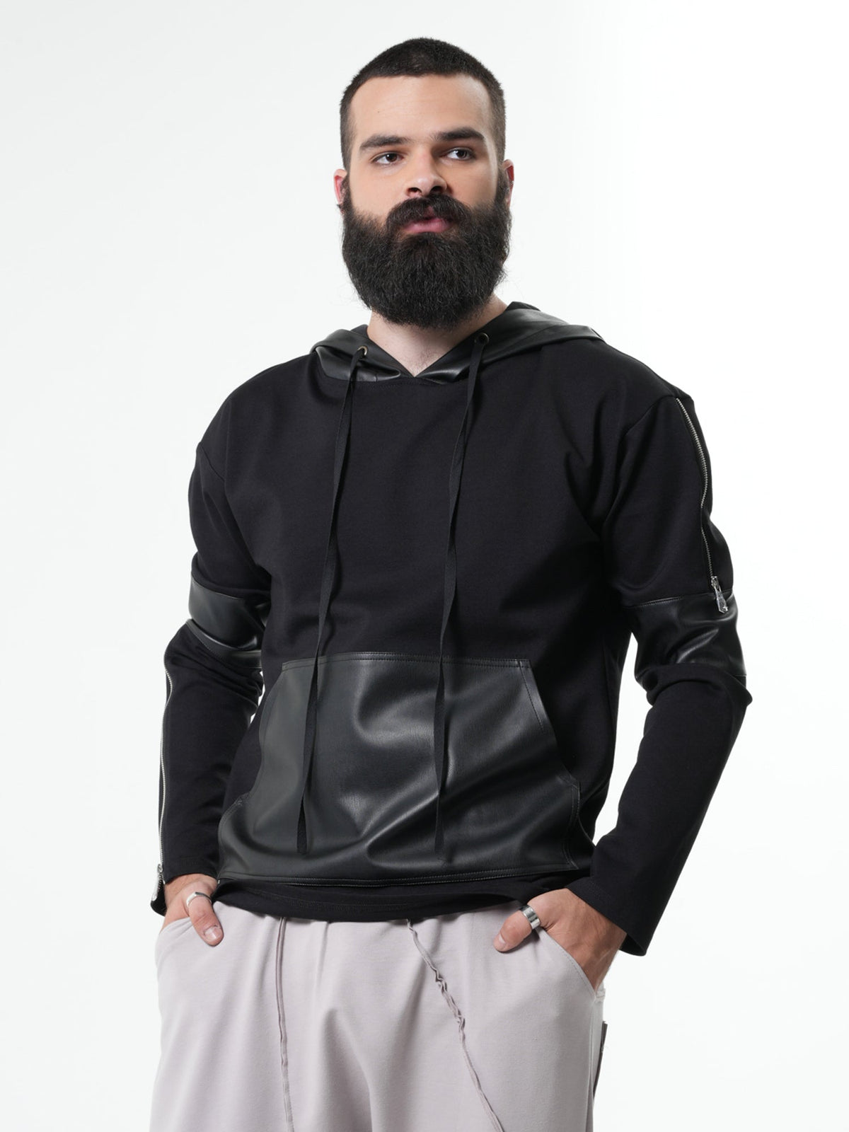 Hooded Sweatshirt with Zipper Closure and Synthetic Accent Panels