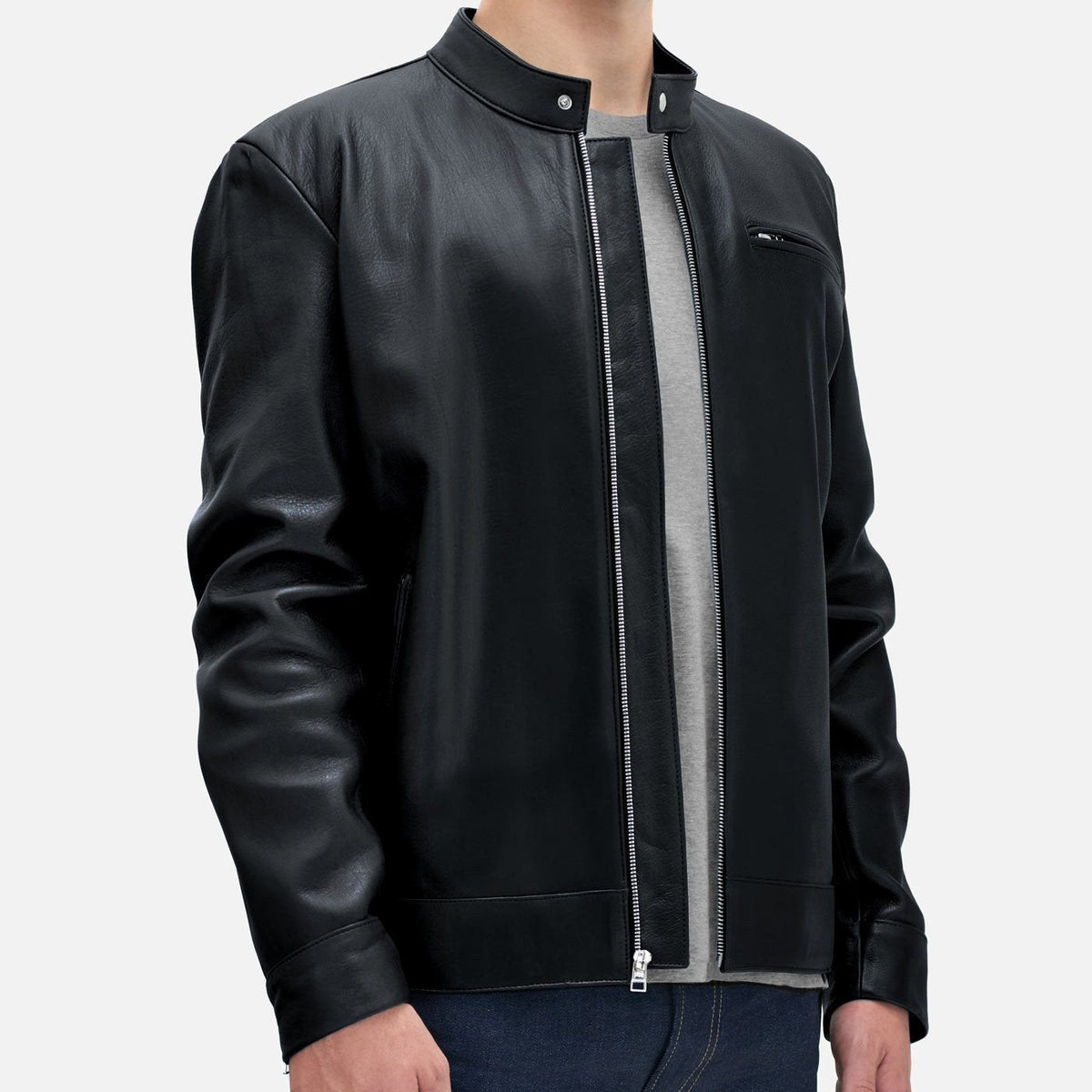 Black Full Grain Leather Motorcycle Jacket with Metallic Hardware