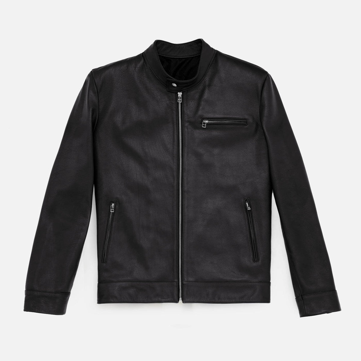Black Full Grain Leather Motorcycle Jacket with Metallic Hardware