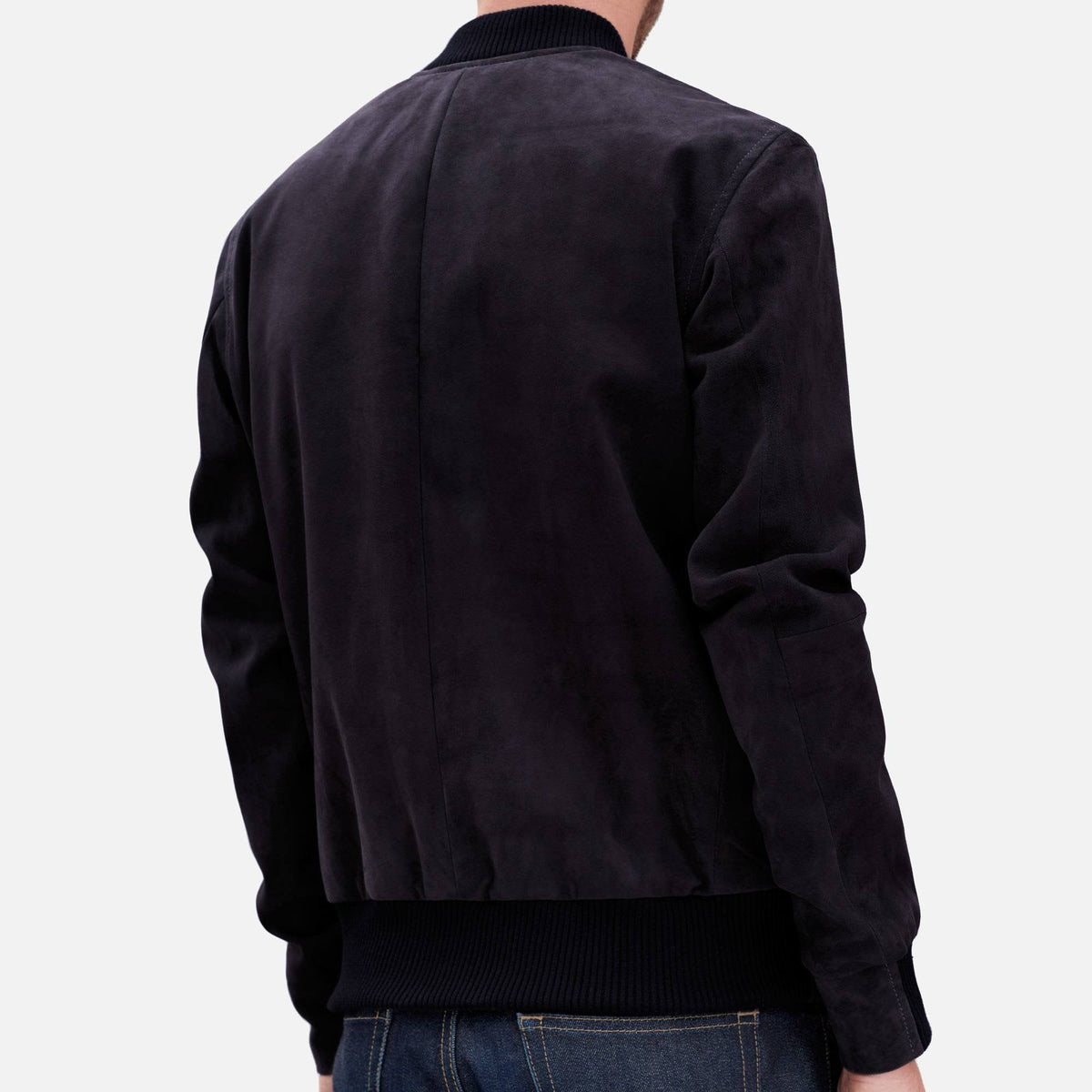 Calf Suede Bomber Jacket in Navy with Classic Silhouette