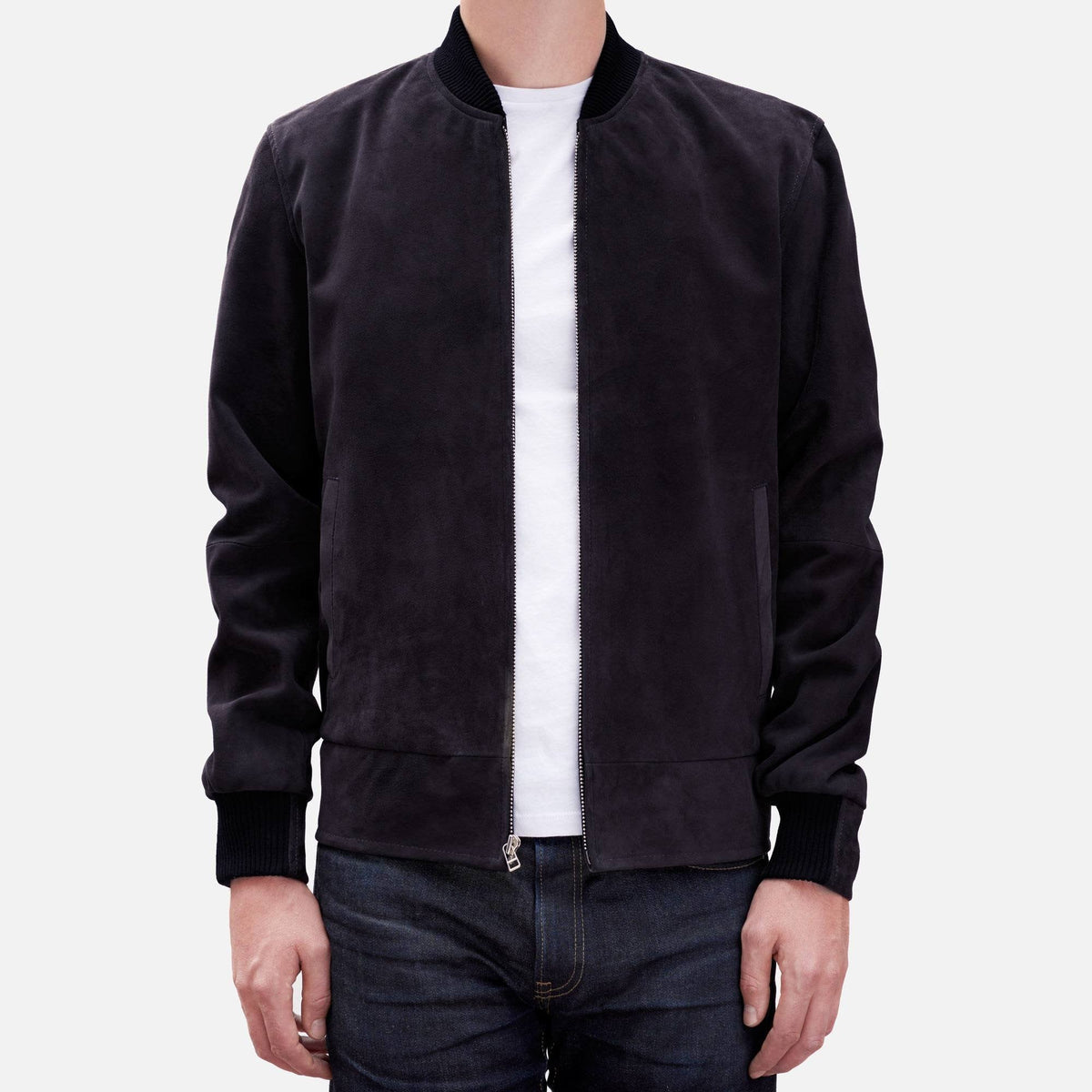 Calf Suede Bomber Jacket in Navy with Classic Silhouette