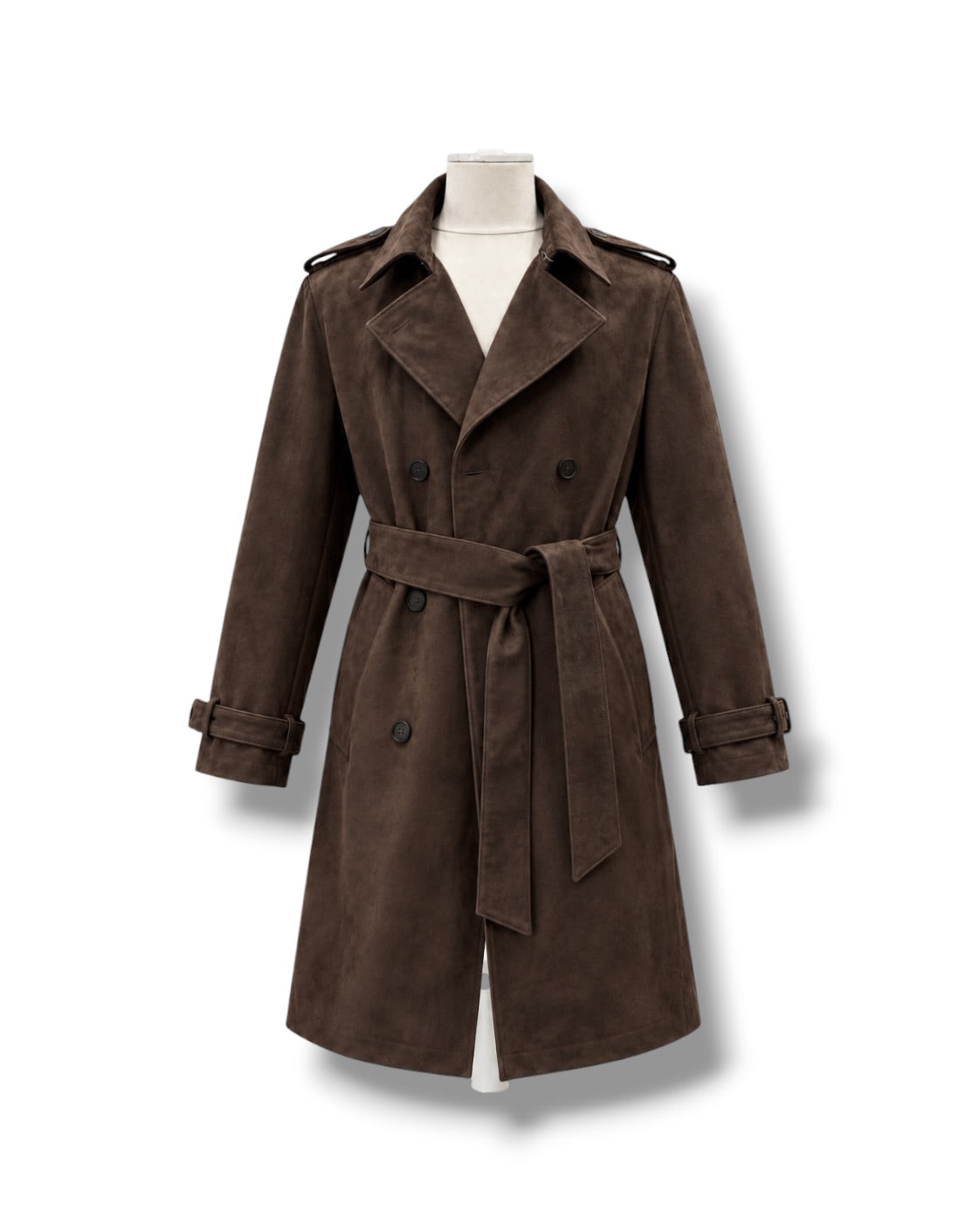 Men's Long Trench Coat with Double-Breasted Closure and Tie Belt