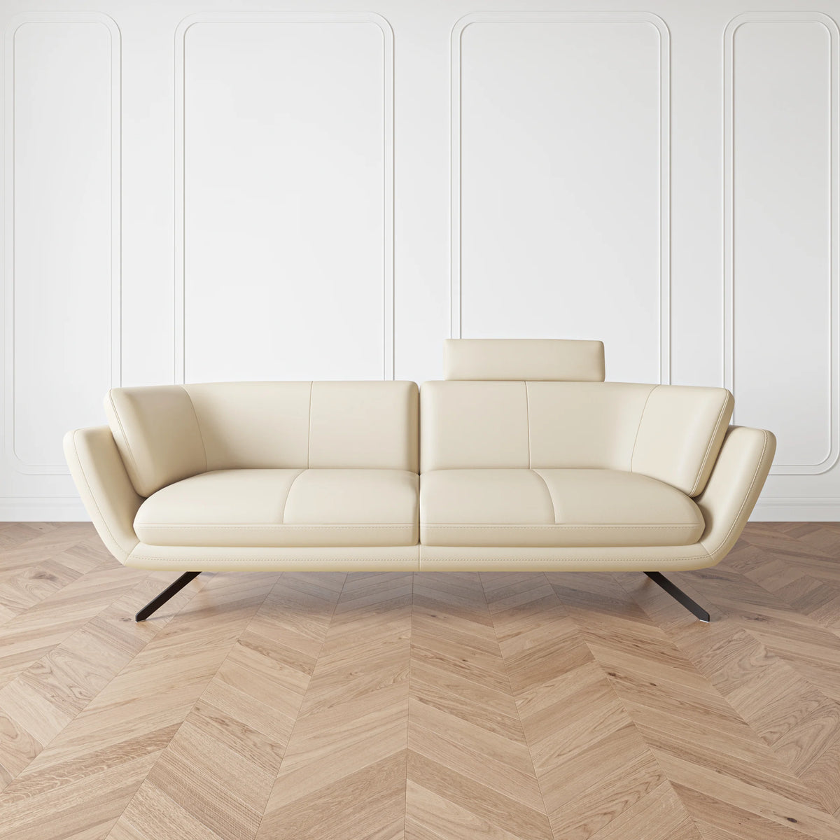 Modern Cream Leather, Living Room Sofa with Adjustable Headrest