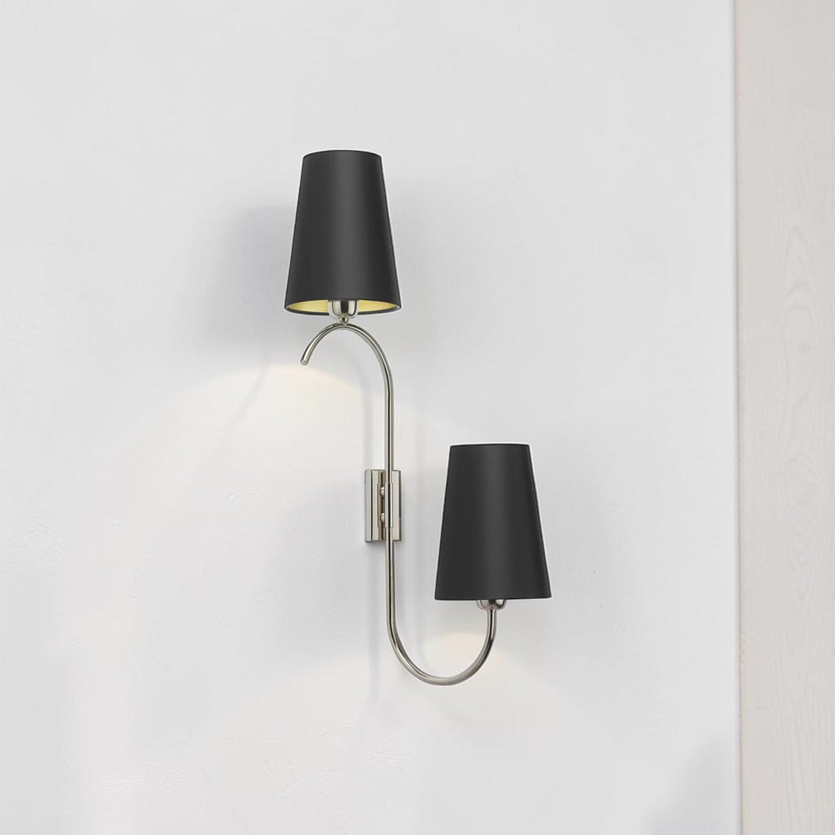 Dual Arm, Wall Light with Black Drum Shades