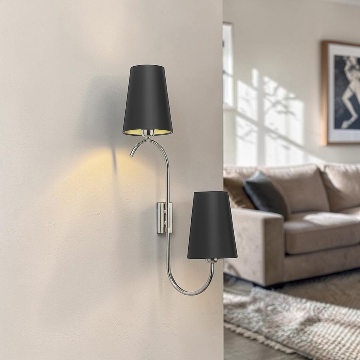 Dual Arm, Wall Light with Black Drum Shades