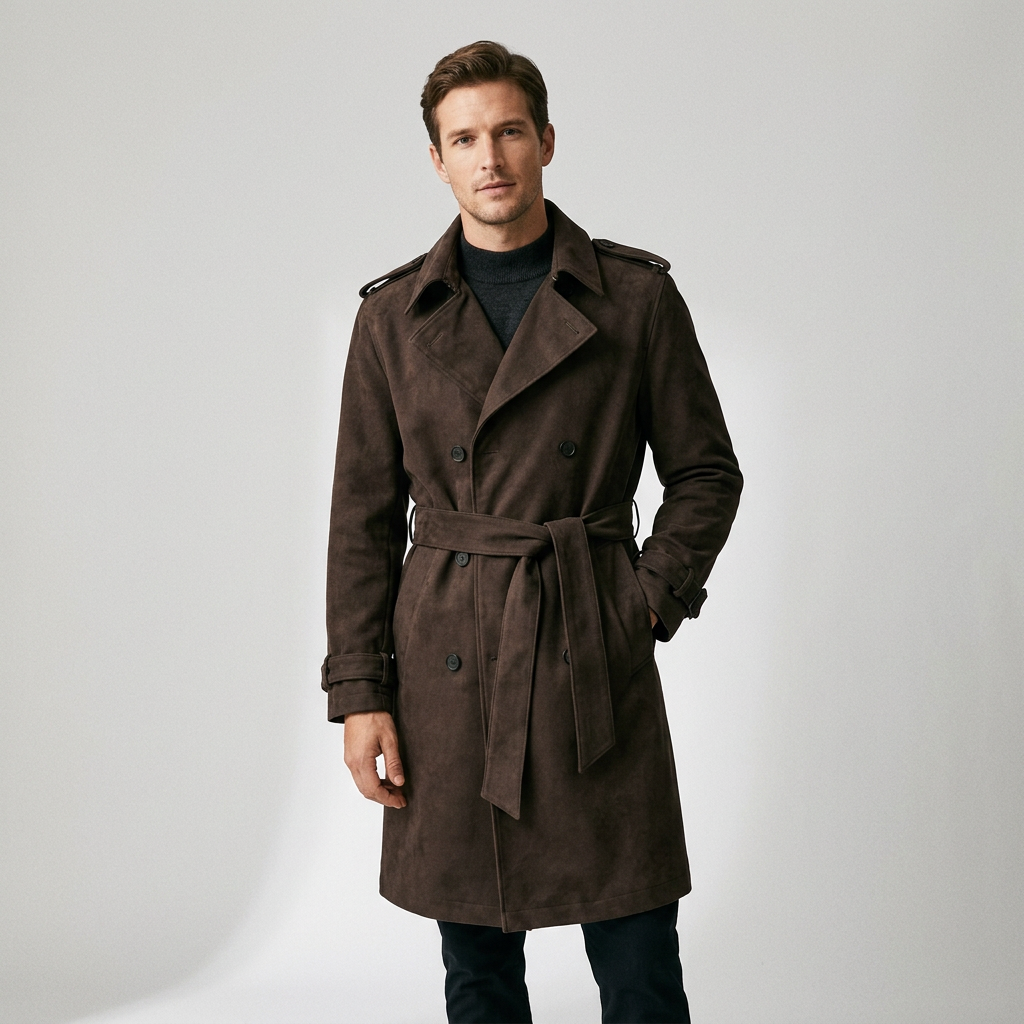 Men's Long Trench Coat with Double-Breasted Closure and Tie Belt