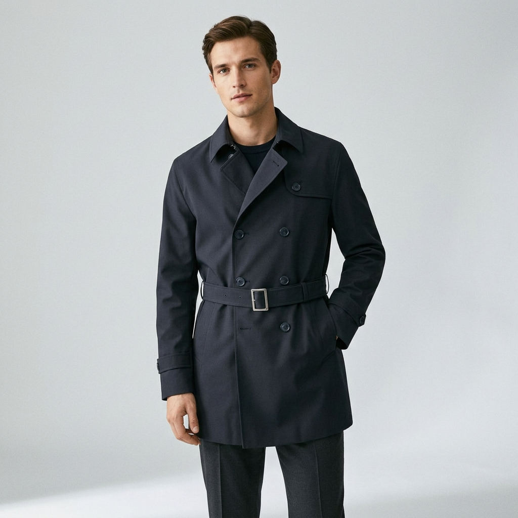 Men's Double-Breasted Trench Coat with Adjustable Belt and Classic Collar