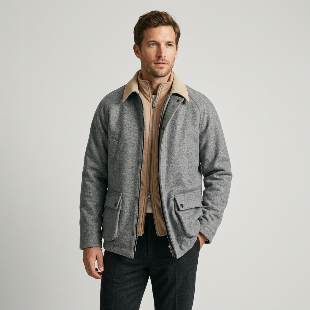 Wool Blend Winter Coat with Double Zipper and Multiple Pockets, Gray