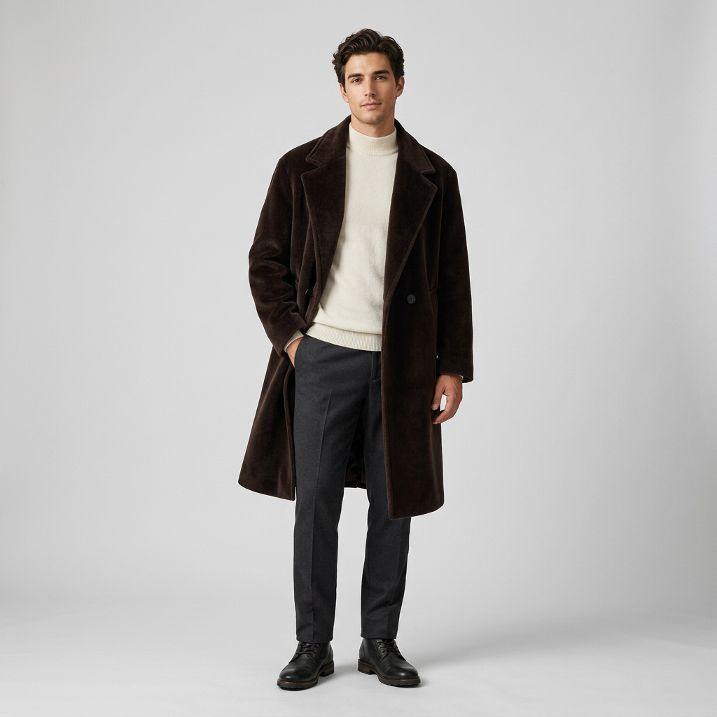 Oversize Men's Coat with Wide Pointed Lapels and Double-Breasted Button Closure