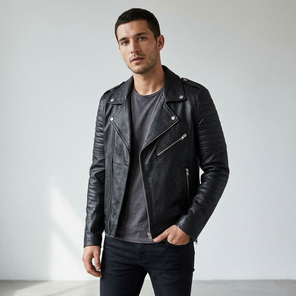 Biker Jacket with Full-Grain Calf Leather and Cotton-Linen Lining