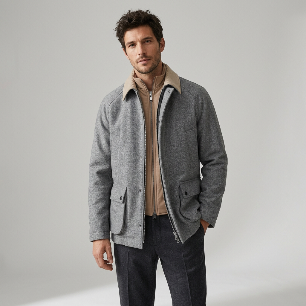 Wool Blend Winter Coat with Double Zipper and Multiple Pockets, Gray