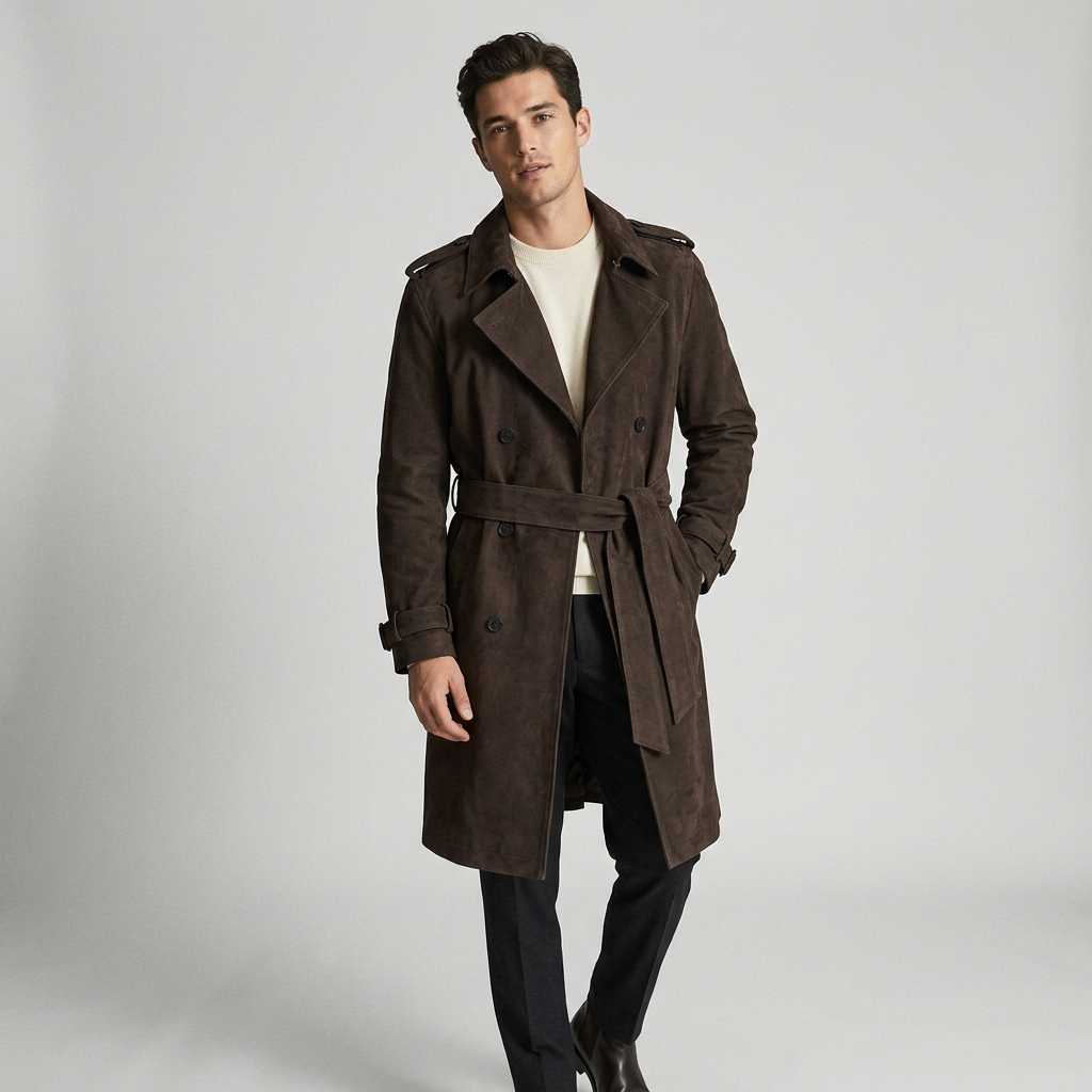 Men's Long Trench Coat with Double-Breasted Closure and Tie Belt