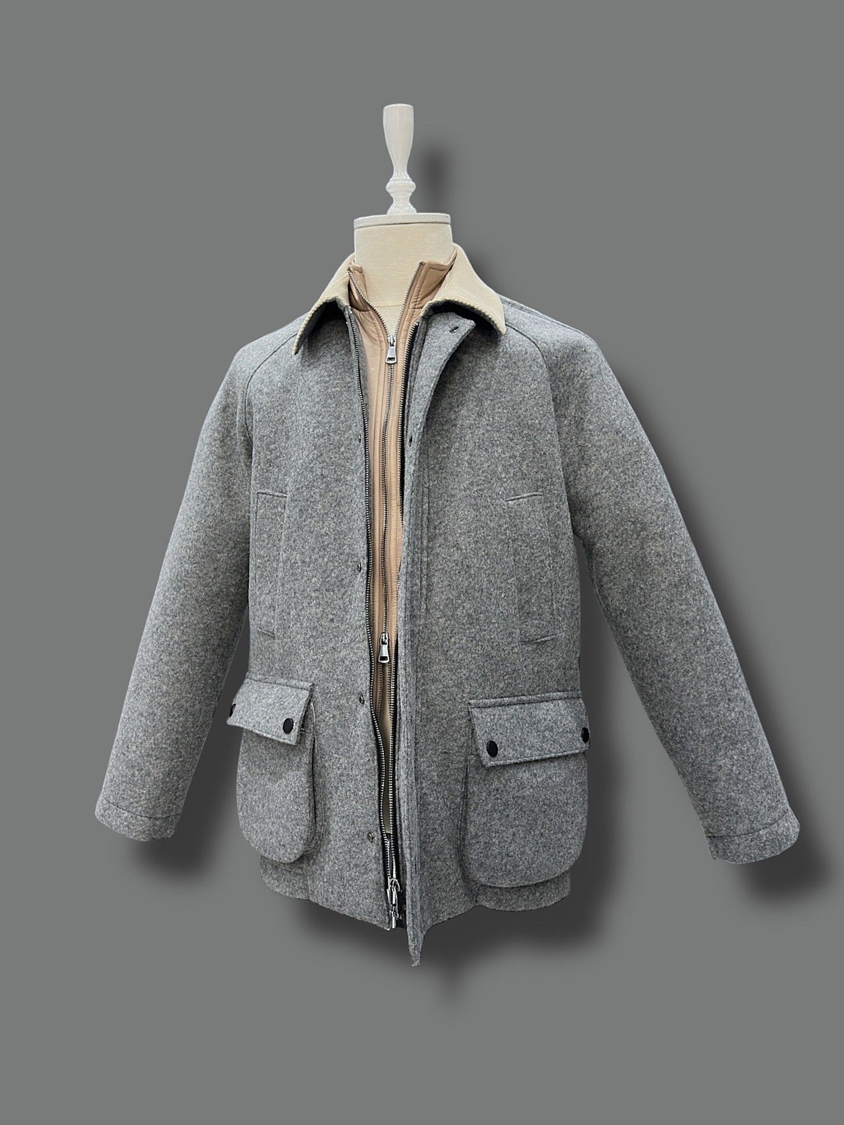 Wool Blend Winter Coat with Double Zipper and Multiple Pockets, Gray