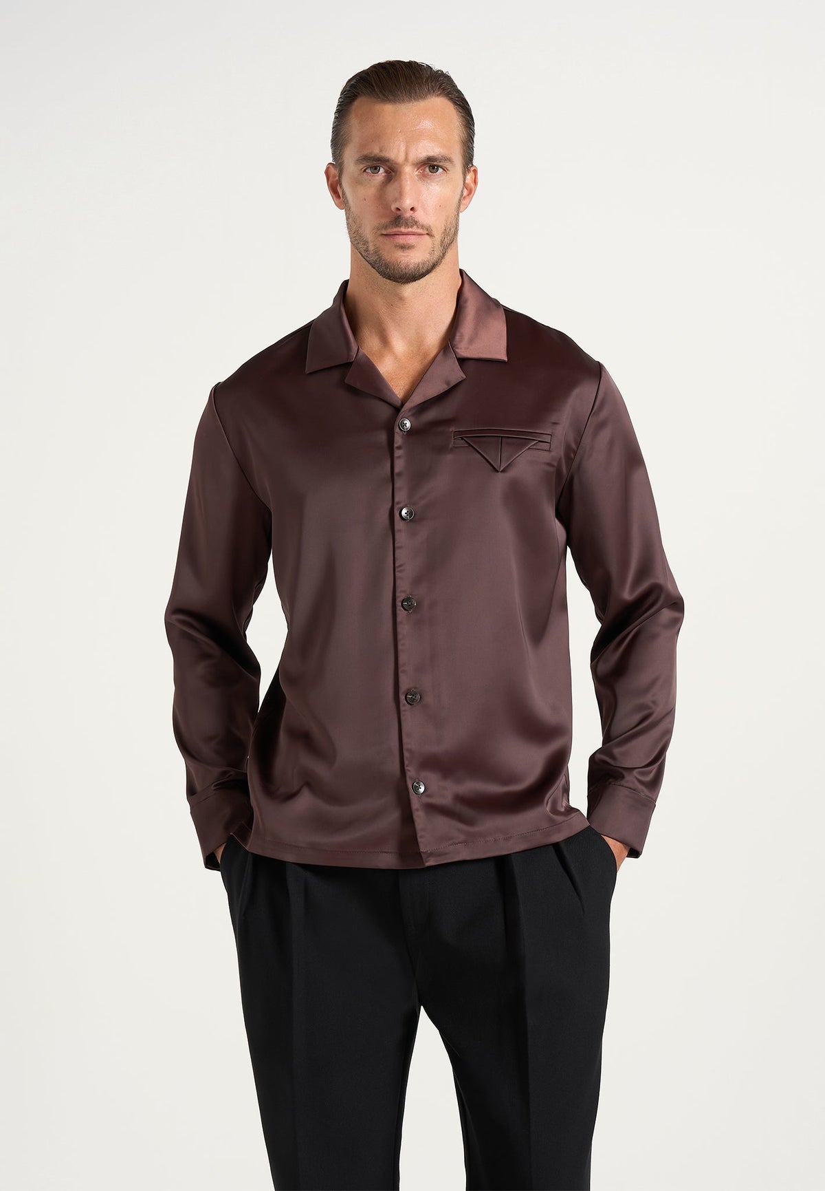 Brown Satin Overshirt with Revere Collar and Jetted Chest Pocket
