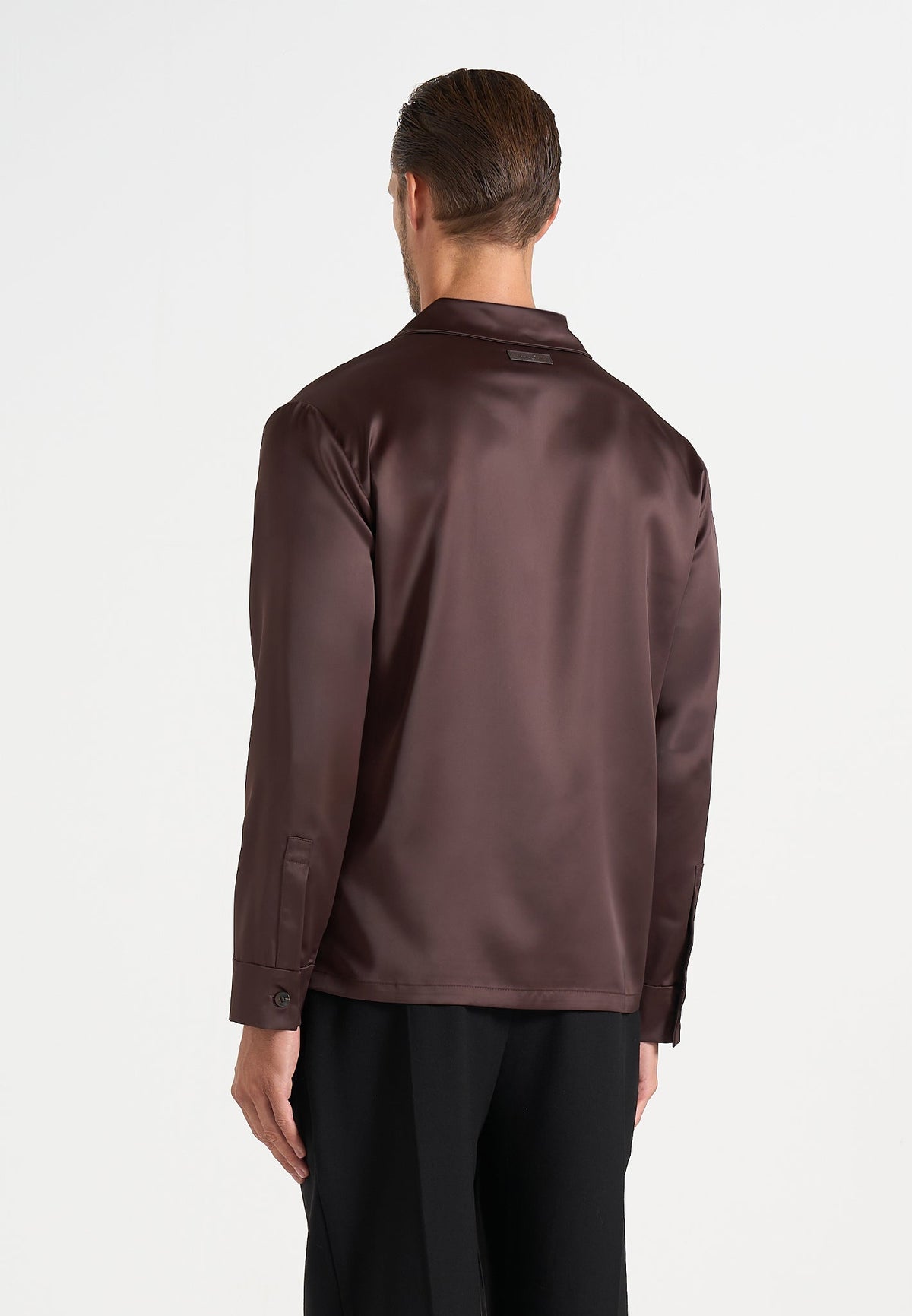 Brown Satin Overshirt with Revere Collar and Jetted Chest Pocket