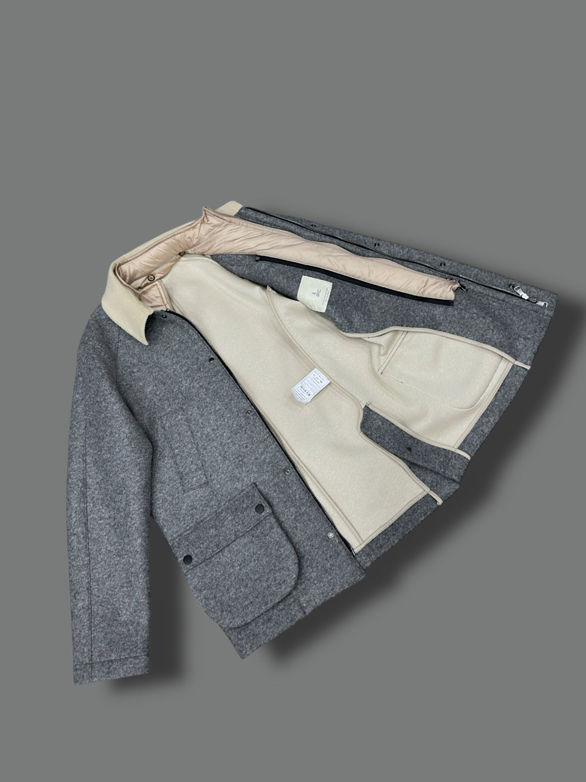 Wool Blend Winter Coat with Double Zipper and Multiple Pockets, Gray