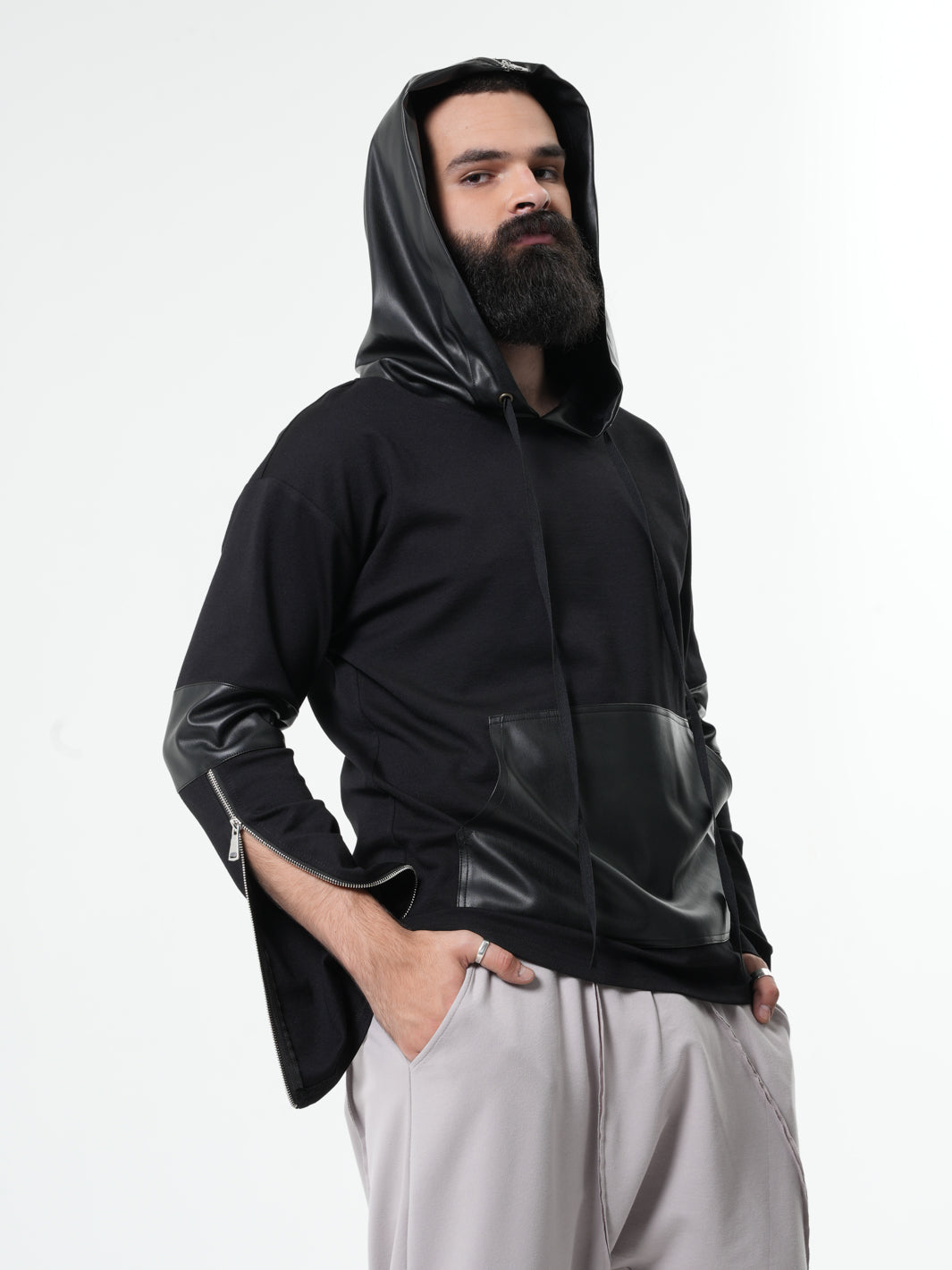 Hooded Sweatshirt with Zipper Closure and Synthetic Accent Panels