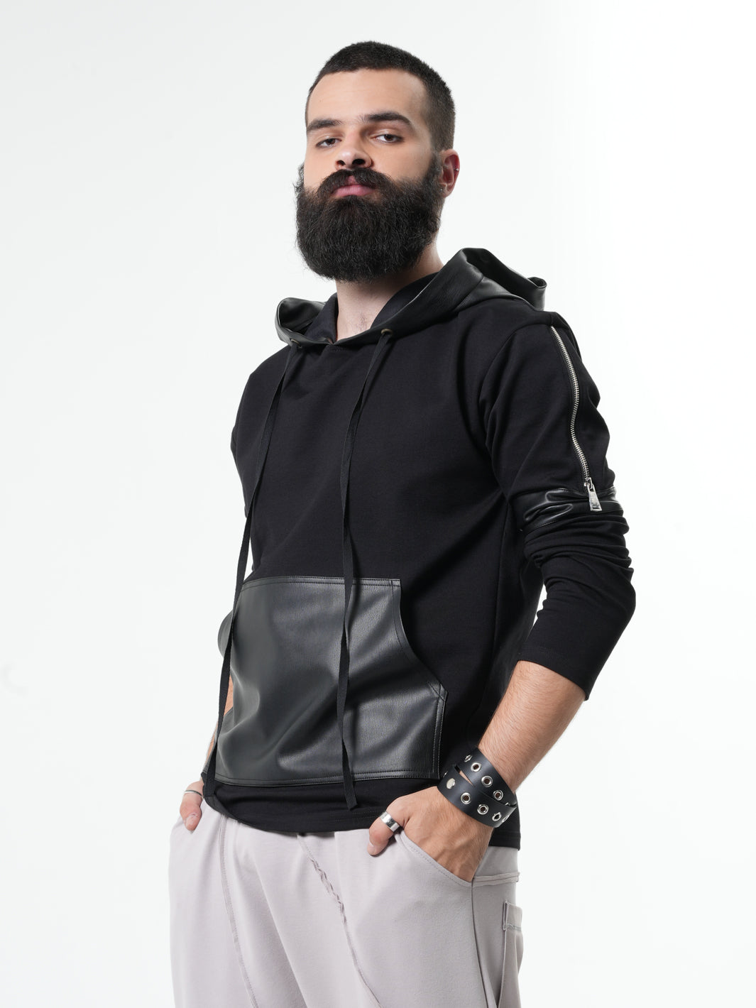 Hooded Sweatshirt with Zipper Closure and Synthetic Accent Panels